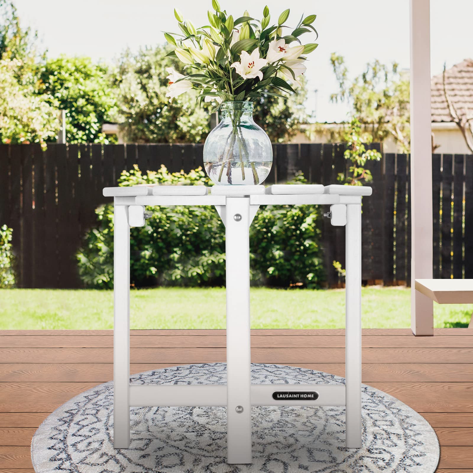 LAUSAINT HOME Outdoor Adirondack Side Table - Weather Resistant Round Coffee End Table for Patio, Garden, Deck - Easy to Assemble White Accent Furniture for Relaxing Outdoors