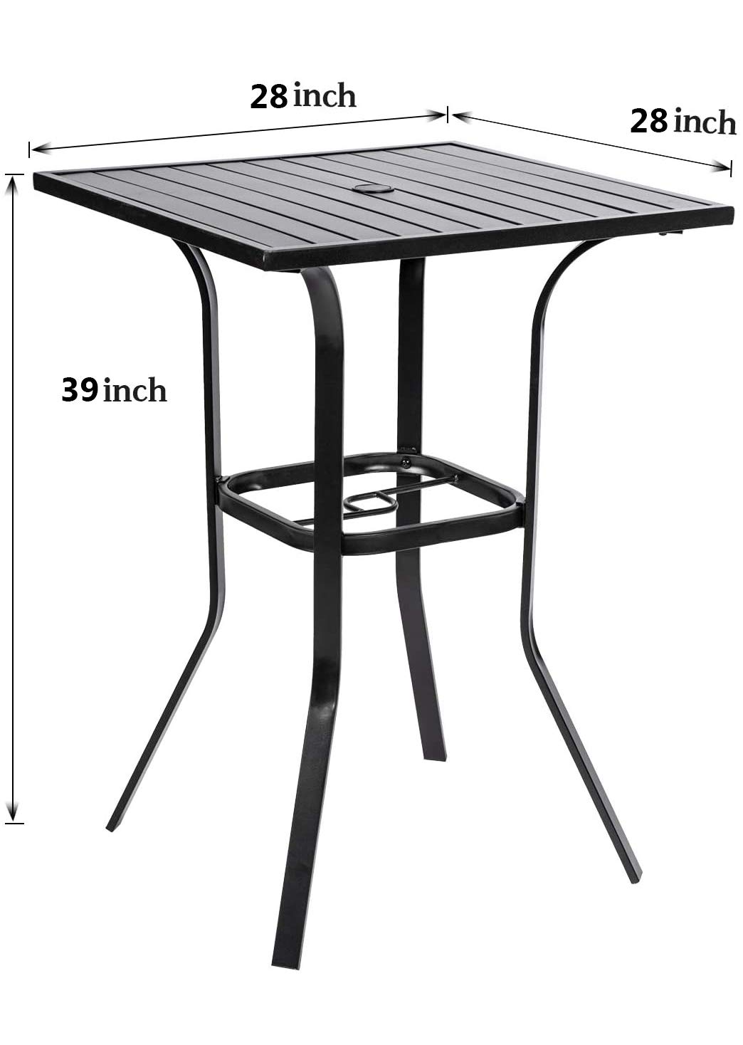 Black Metal Frame Patio Bar Table with Umbrella Hole - Outdoor Bistro Height Dining Table with Slat Design for Backyard, Deck & Poolside Entertaining