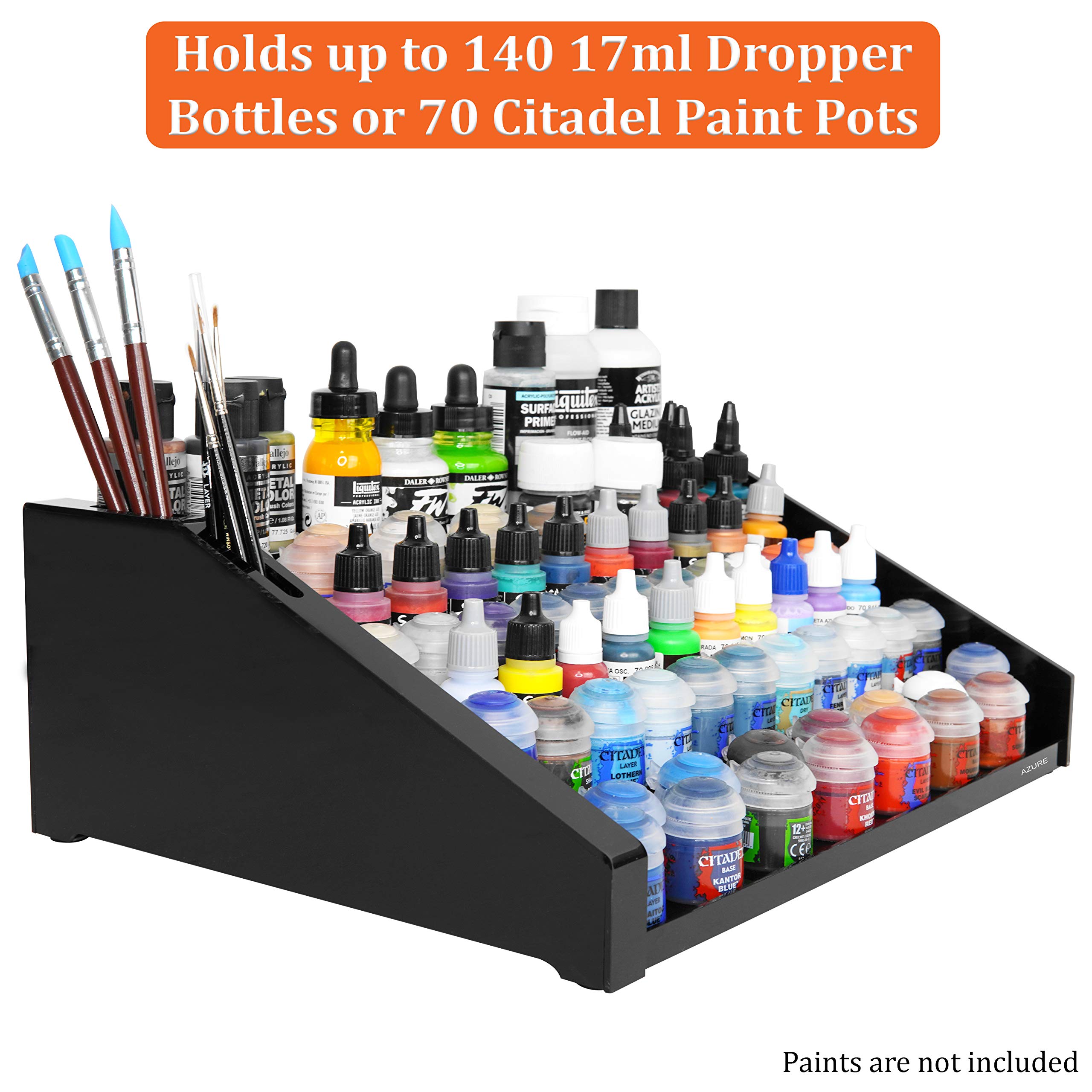 Premium Azure Hobby Paint Rack with Side Brush Holder - 15x11x5.5 Inch Organizer for 140 Dropper Bottles or 70 Citadel Pots - Compatible with Tamiya, Vallejo, Army Painter - Perfect for Miniature Painting, Warhammer & Model Kits