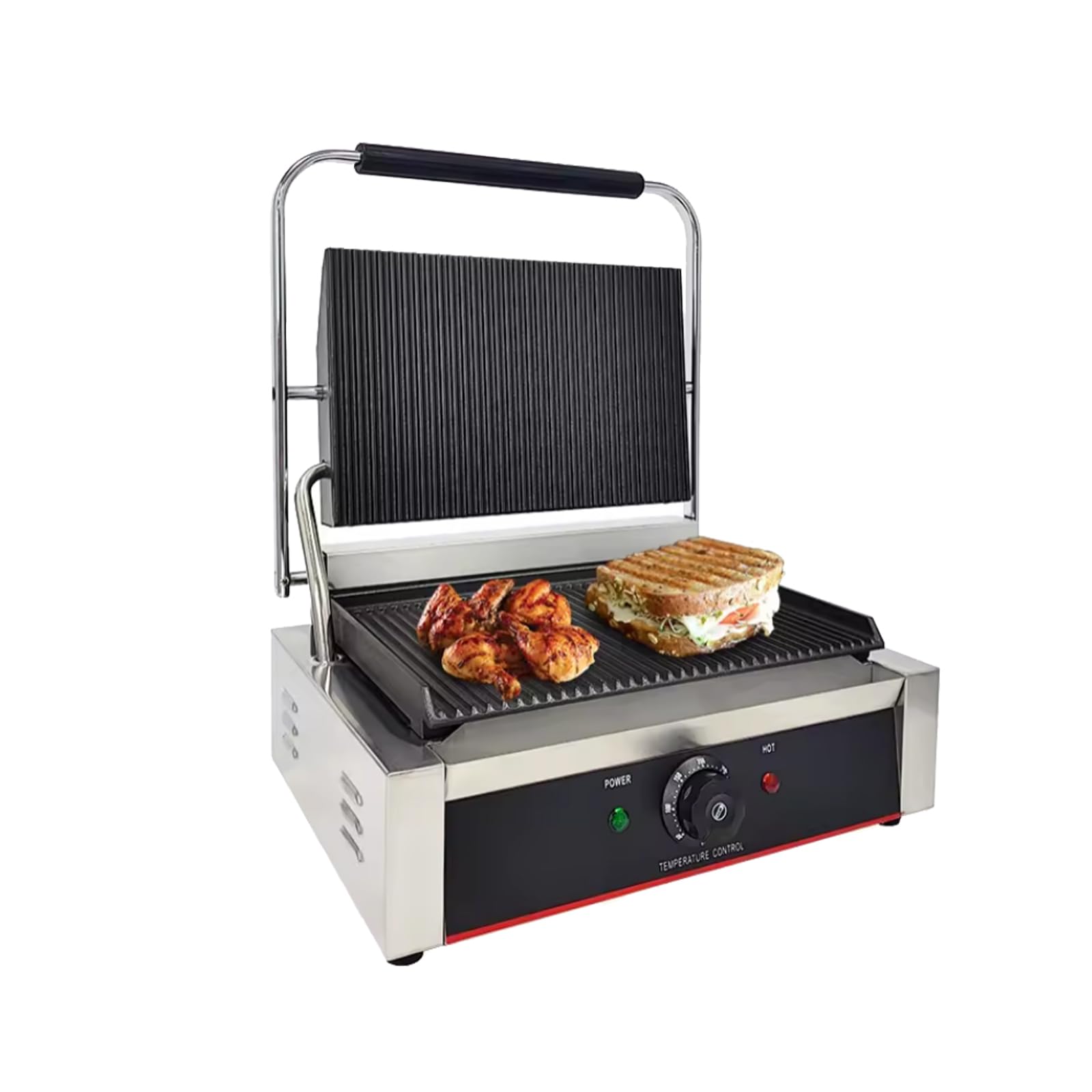 Commercial Panini Press with Grooved Grill - Electric Sandwich Maker Machine, Single Contact Grill with Large Grooved Top & Bottom Plates - Perfect for Restaurants, Cafes, and Home Kitchens