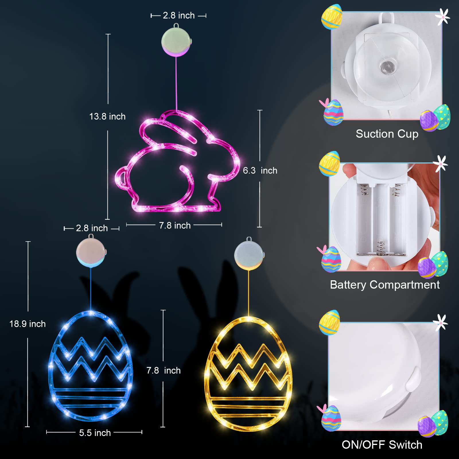 LOLStar Easter Window Lights - 3 Pack Easter Egg & Bunny Shaped String Lights with Suction Cups (Pink, Yellow, Blue) - Battery Operated Indoor Decor for Easter Home, Party, Bedroom, Nursery - Perfect for Spring Festival, Holiday Decorations & Gift Giving