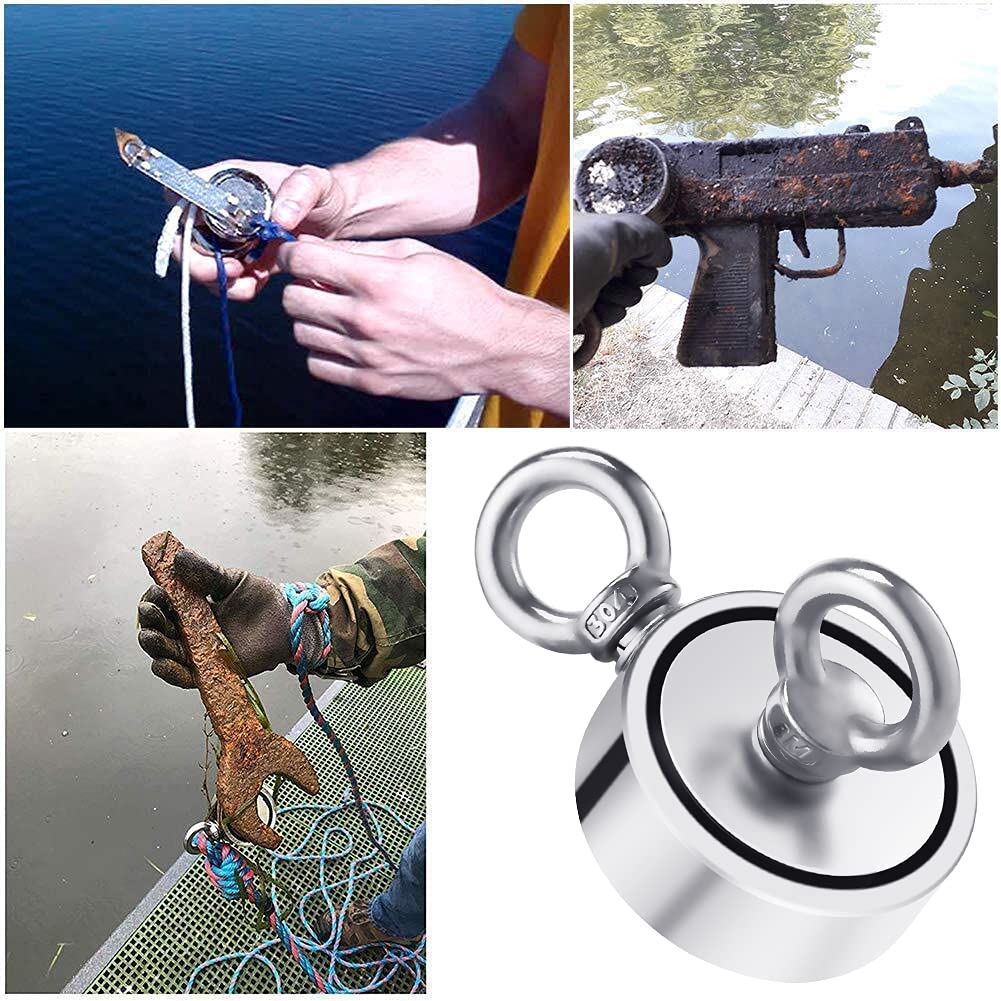 GRTARD 1000lbs Double-Sided Fishing Magnet Kit - 2.95 Inch Diameter Strong Pulling Force Magnet for Underwater Treasure Hunting, Metal Recovery & Heavy Duty Use - Perfect for Lakes, Rivers & Scrap Yards