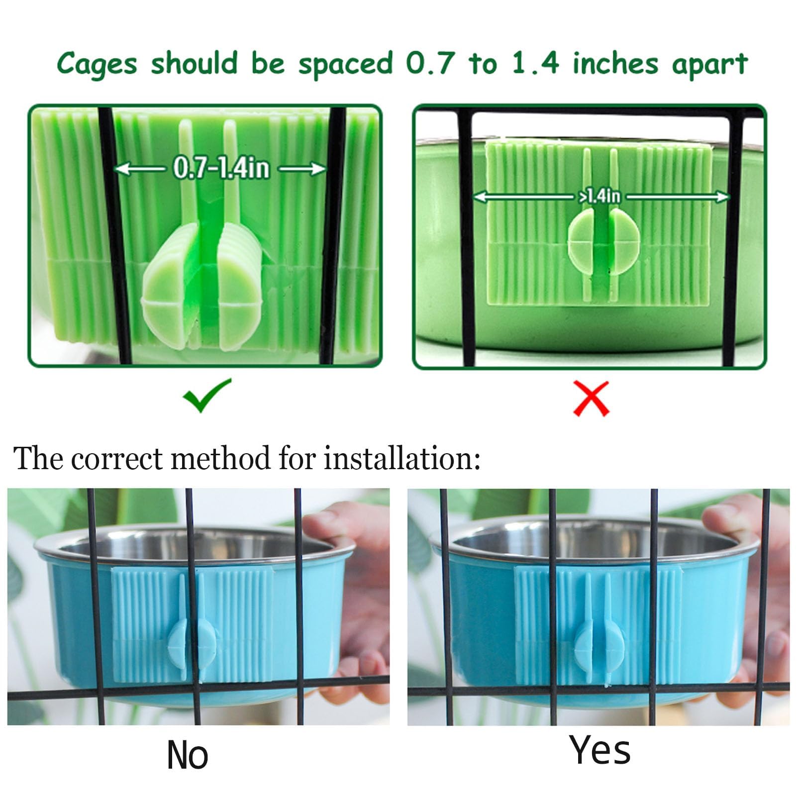 Kathson Removable Stainless Steel Hanging Pet Bowl - 2 Pack Dog Food & Water Feeder for Kennel, Cage, Coop - Perfect for Puppies, Cats, Rabbits & Guinea Pigs (Blue & Green) - Ideal for Travel, Camping & Outdoor Use