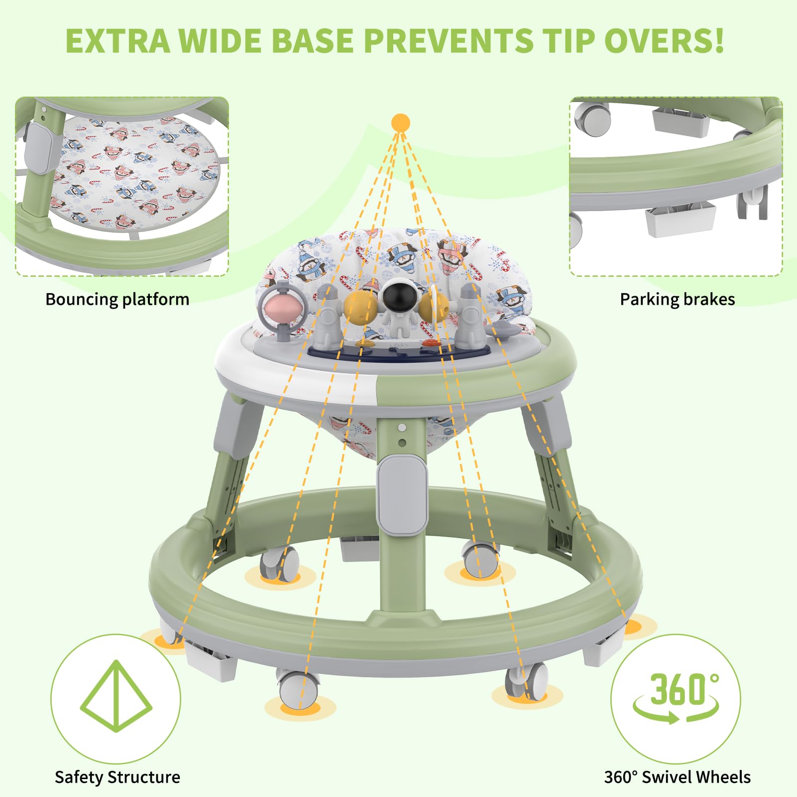 **Best Baby Walker with Wheels & Music - Adjustable Height Anti-Fall Infant Walker for Boys & Girls 6-24 Months - Safe Foot Pads & Activity Center (Green) - Perfect for Learning to Walk & Indoor Play**