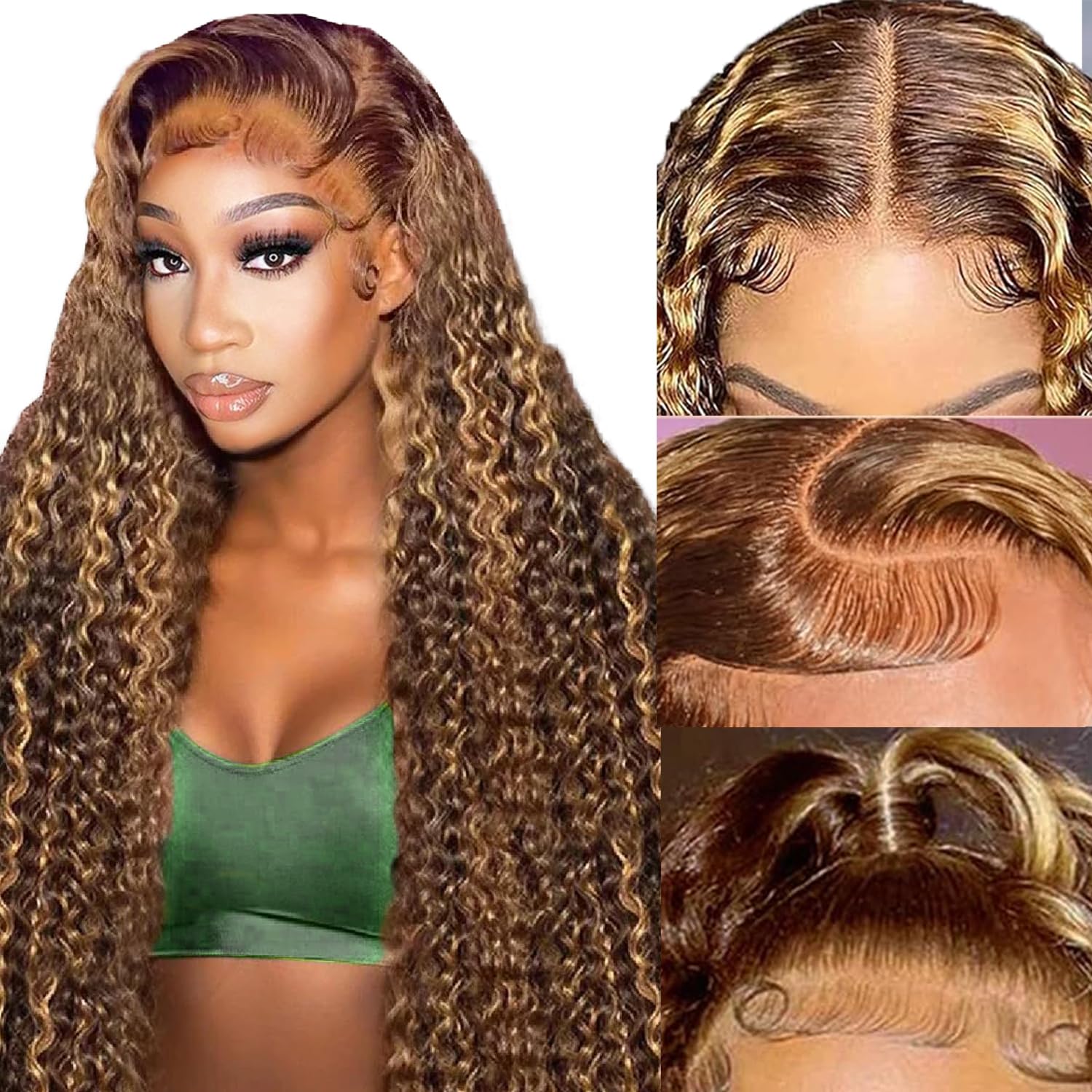 LuAiJa 28inch 13x4 HD Lace Front Wig - 180% Density Ombre Curly Human Hair Wig with Baby Hair & Pre-Plucked Hairline | Highlighted Deep Wave Wigs for Women | Perfect for Parties, Weddings & Daily Styling