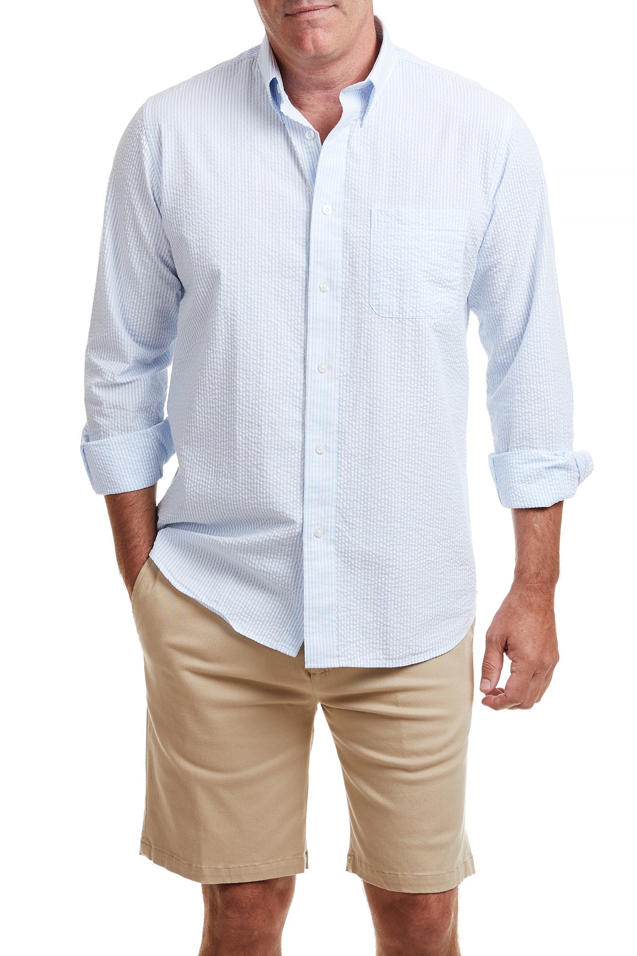 Men's Chase Blue Seersucker Button-Down Shirt - Breathable Summer Casual Wear for Beach, Office & Outdoor Activities