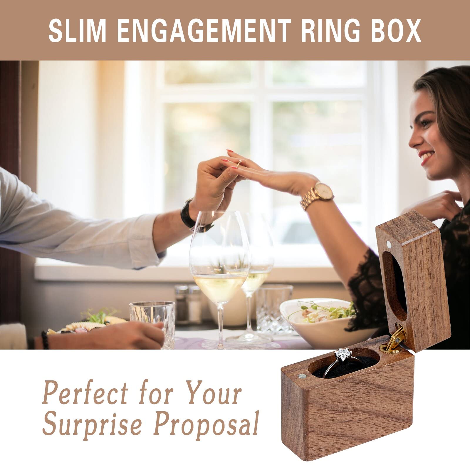UI U & I Wooden Engagement Ring Box - Small Slim Flat Ring Case for Proposal, Wedding, Anniversary - Perfect for Romantic Surprises & Jewelry Storage