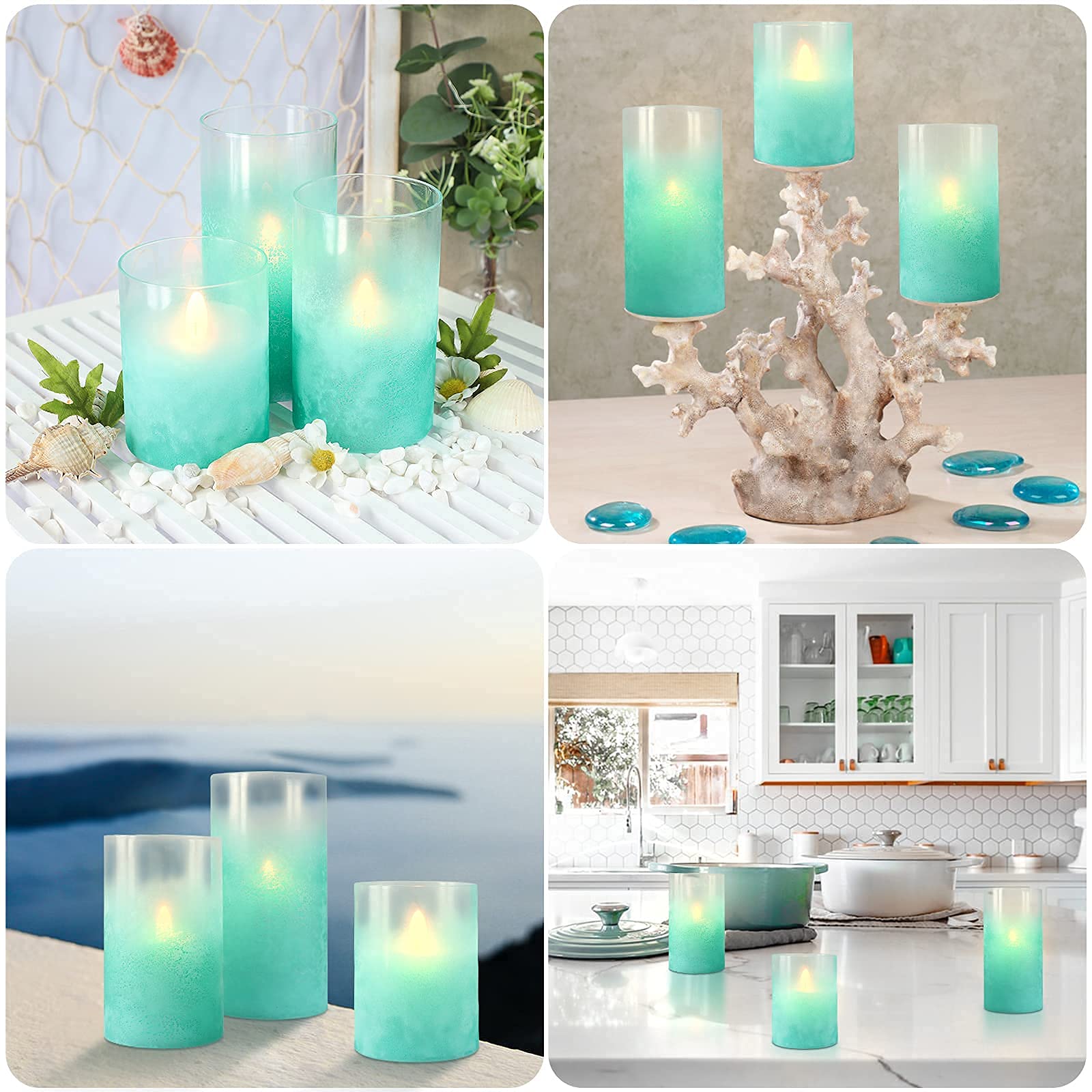 Flickering Flameless LED Candles with Timer - Real Wax Glass Effect Sandblast Battery Operated Candles - Ocean Theme Remote Control Candles for Bathroom, Bedroom, Table & Wedding Decorations - Perfect for Relaxation, Romantic Dinners & Spa Nights