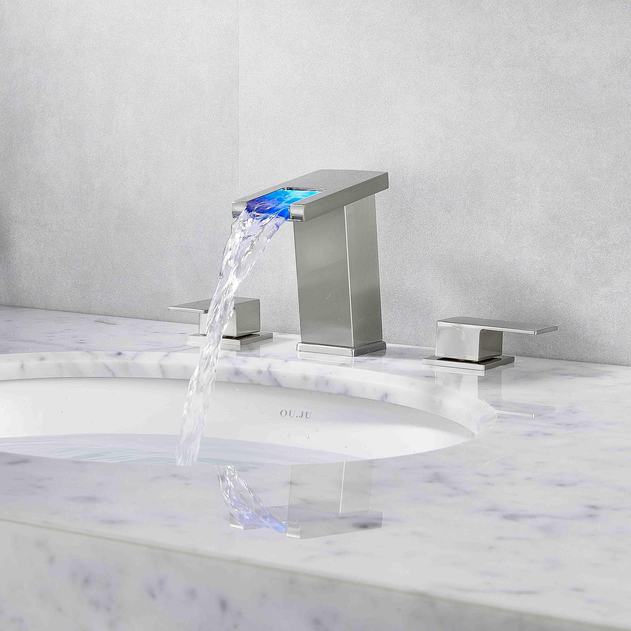 8 Inch Brushed Nickel LED Light Widespread Bathroom Faucet - Modern Waterfall Vanity Sink Faucet with Pop-Up Drain & Supply Hose - Perfect for Bathroom Renovation & Luxury Home Decor