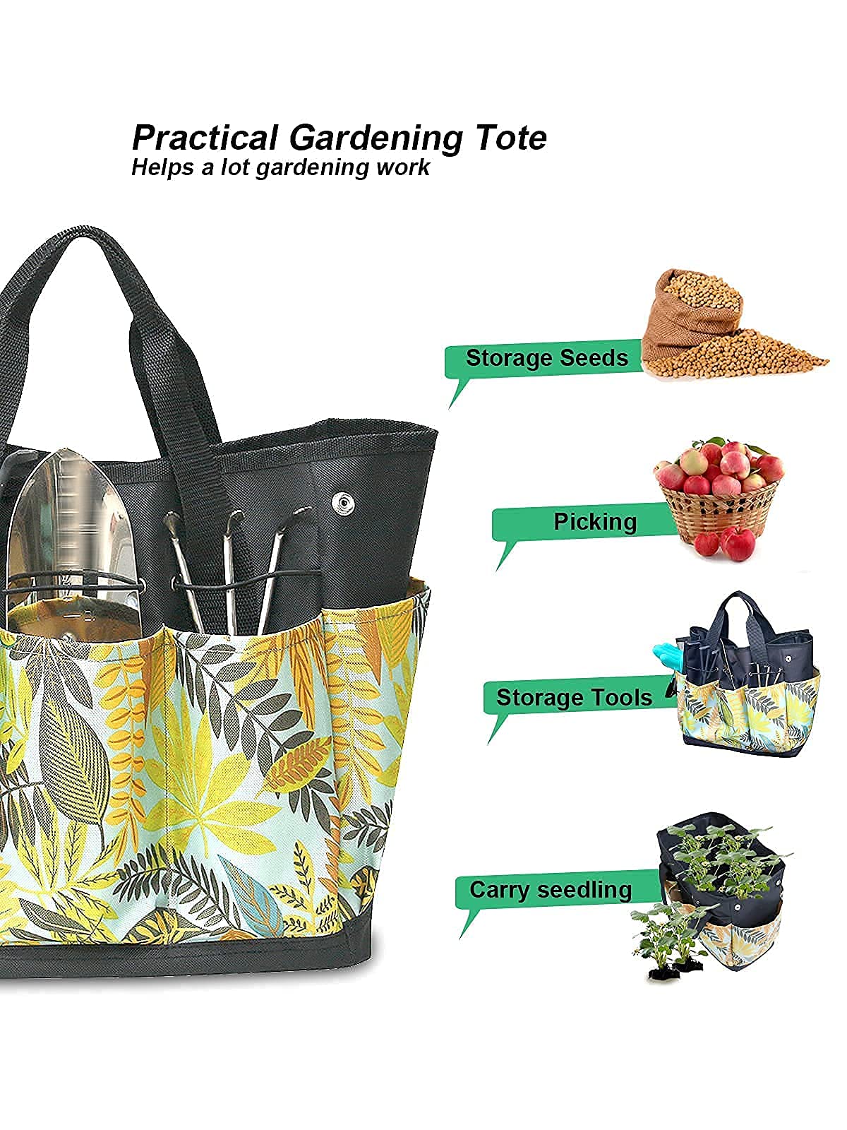 GERYMU Heavy Duty Garden Tool Bag with 8 Pockets - Durable Oxford Storage Tote for Gardening Tools (Floral Yellow) | Perfect for Organizing Pruners, Gloves & Small Tools in Backyard or Greenhouse