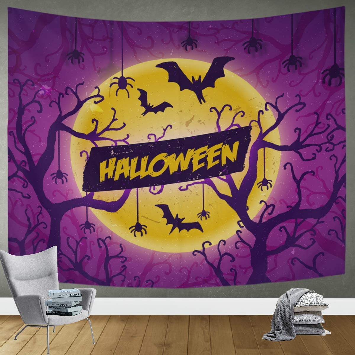 DOMIKING Halloween Wall Tapestry - Spooky Bats, Trees & Spiders Design for Living Room, Bedroom Decor (80x60 inches) | Perfect for Halloween Party Decorations, Dorm Room & Home Interior Design