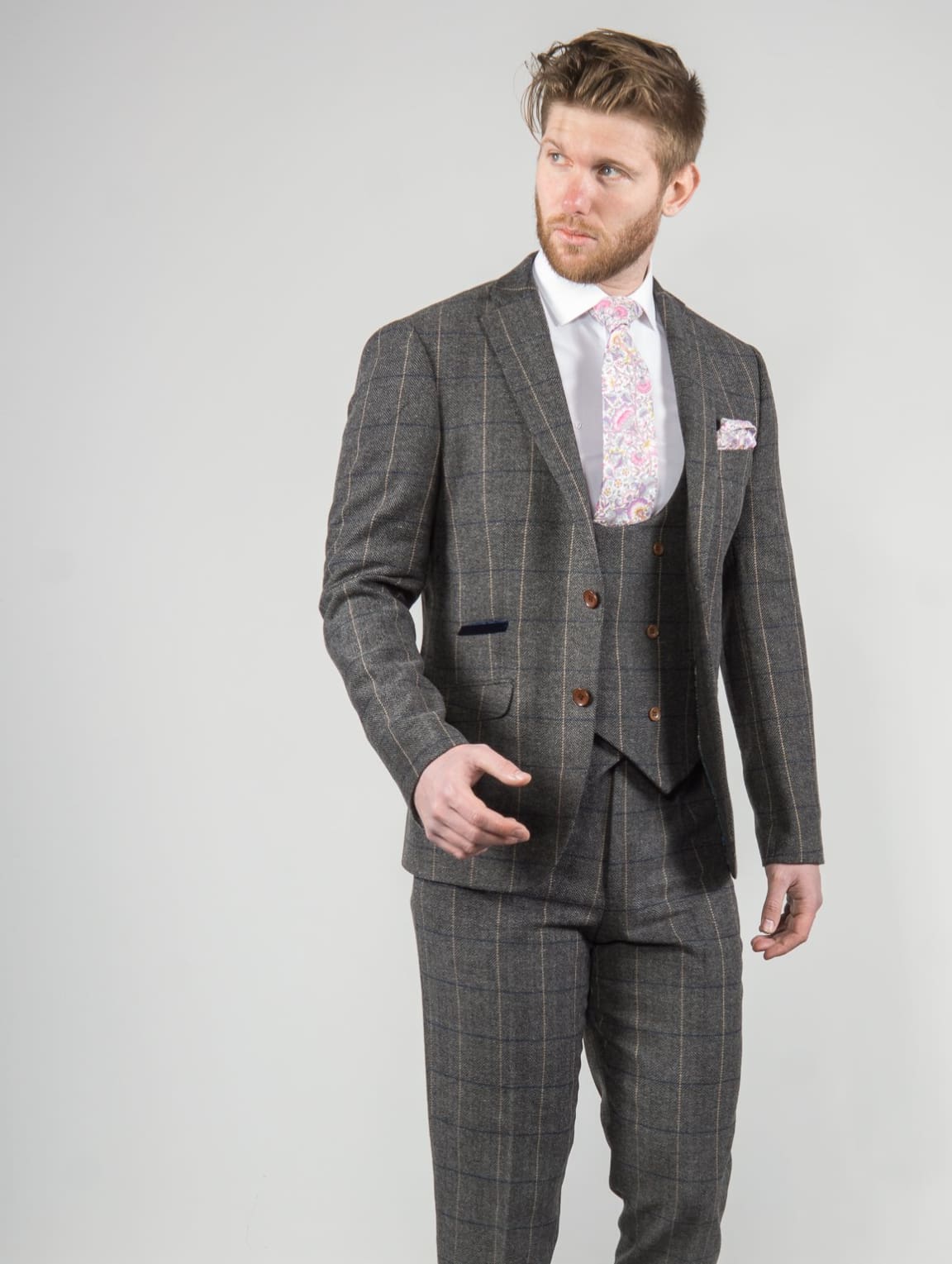 Ezra Men's Grey Herringbone Slim Fit Tweed Blazer Jacket for Business, Wedding & Formal Events | Classic Wool Sport Coat for Office & Special Occasions
