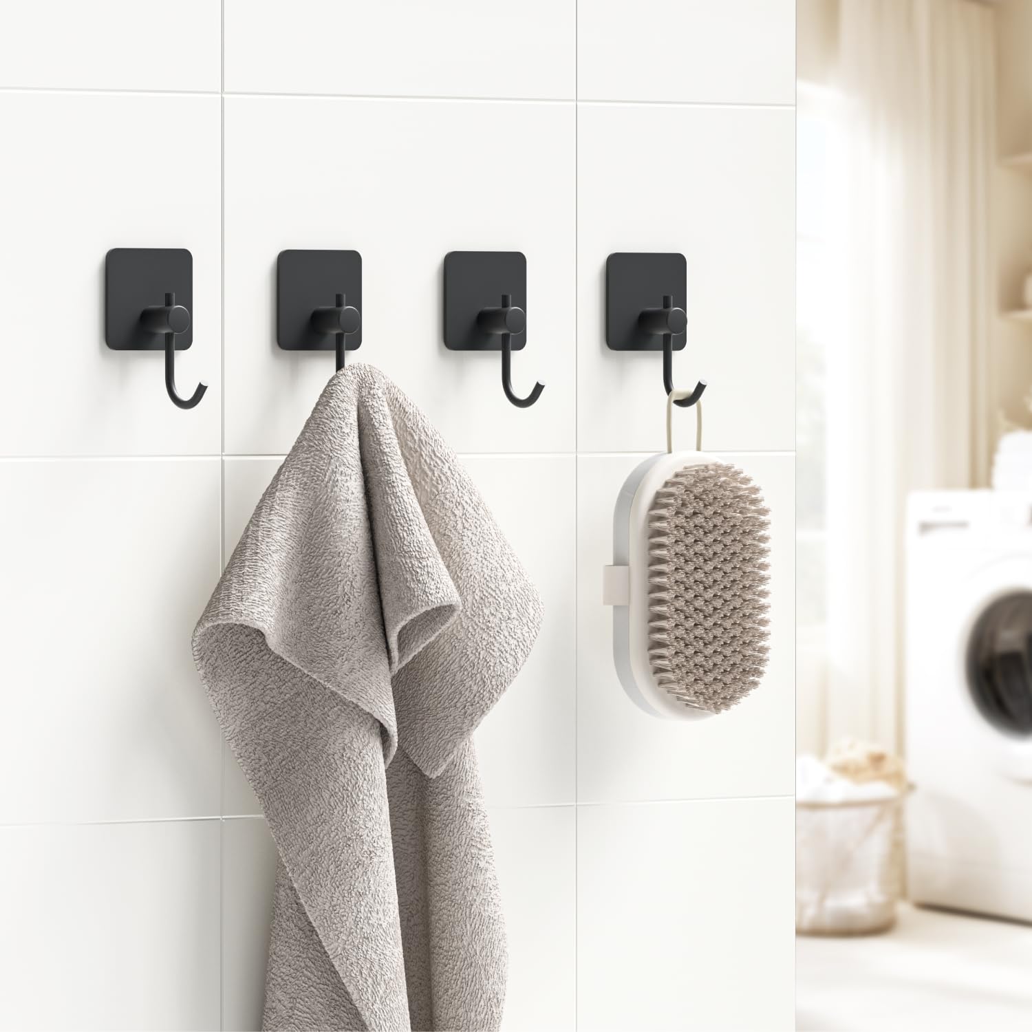 Self Adhesive Towel Hooks for Bathroom - 4 Pack Black Wall Mounted Hooks, Strong Adhesive Hand Towel Holder for Hanging Bath Towels, Robes & Lightweight Clothing - Perfect for Bathroom, Closet, Cabinet & Behind Doors (Ideal for Small Spaces & Organization)