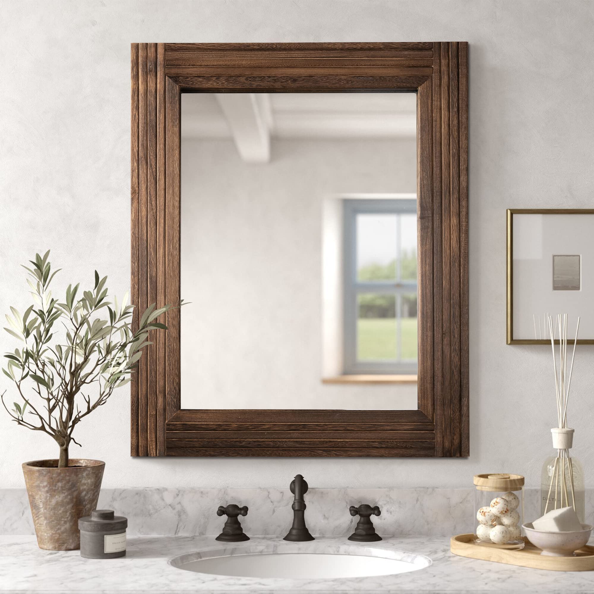 YOSOOT Handmade Wooden Spliced Wall Mirror - Rustic Farmhouse Bathroom Vanity Mirror with Solid Wood Frame, Vertical or Horizontal Hanging, Wall Decor Art for Bathroom, Bedroom, Living Room & Entryway