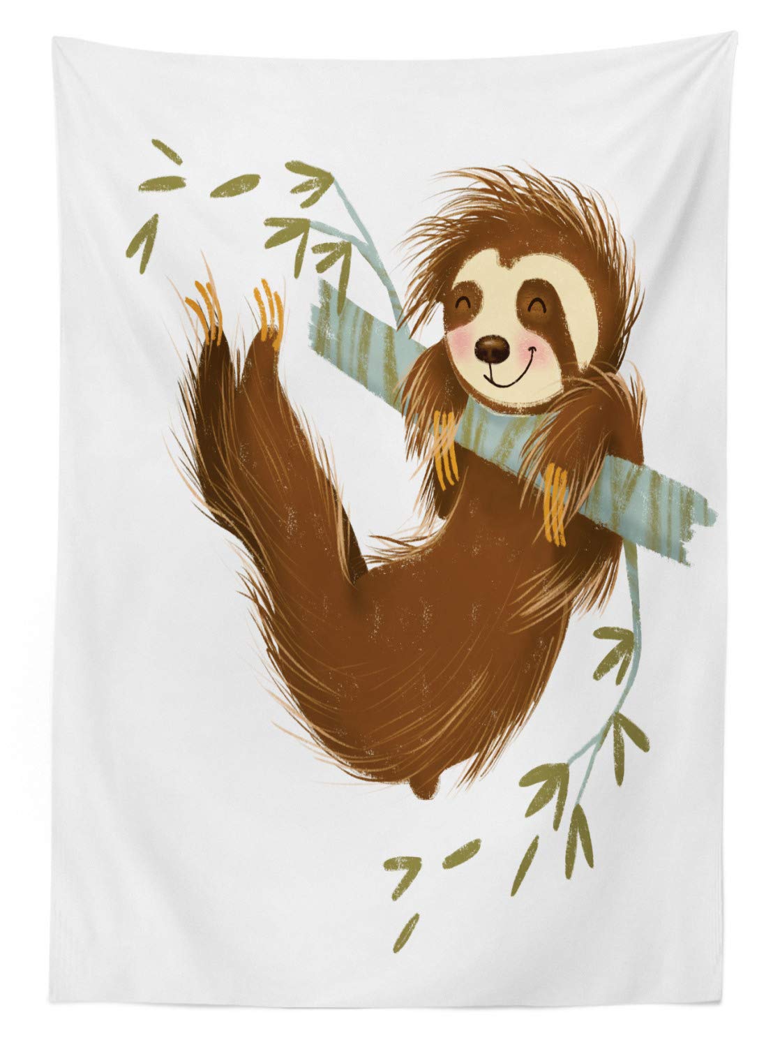 Ambesonne Sloth Print Outdoor Tablecloth - Happy Cheerful Animal Swinging on Tree Branch Hand Drawn Cartoon Design, Washable Picnic Table Cover 58x104 Inches in Brown Khaki Grey - Perfect for Backyard BBQs, Picnics & Outdoor Dining