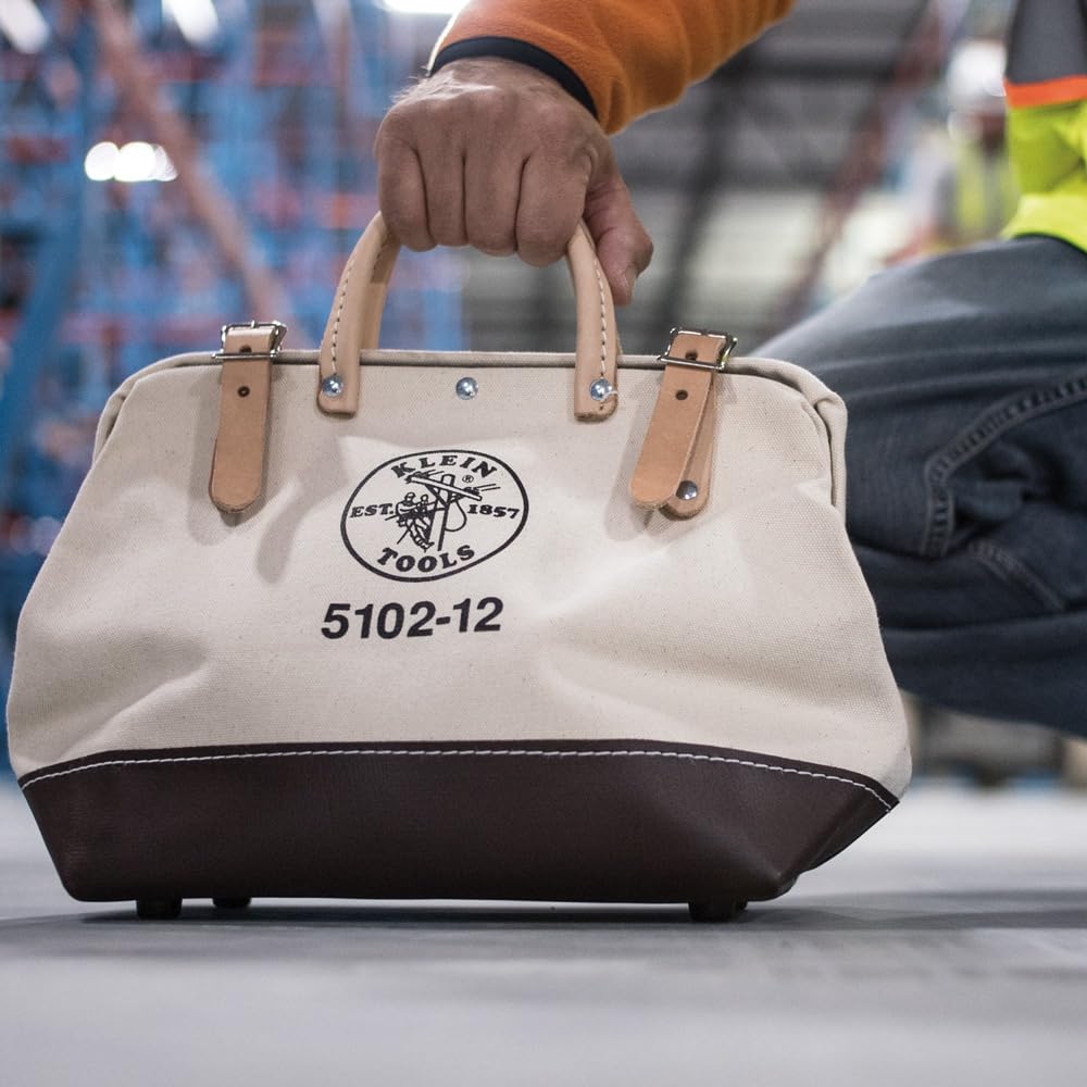 **Klein Tools 5102-12 Heavy Duty Natural Canvas Tool Bag – Durable Multi-Purpose Tool Tote with Wide Hinged Opening & Leather Handles (12-Inch) – Perfect for Electricians, Contractors & DIY Projects**