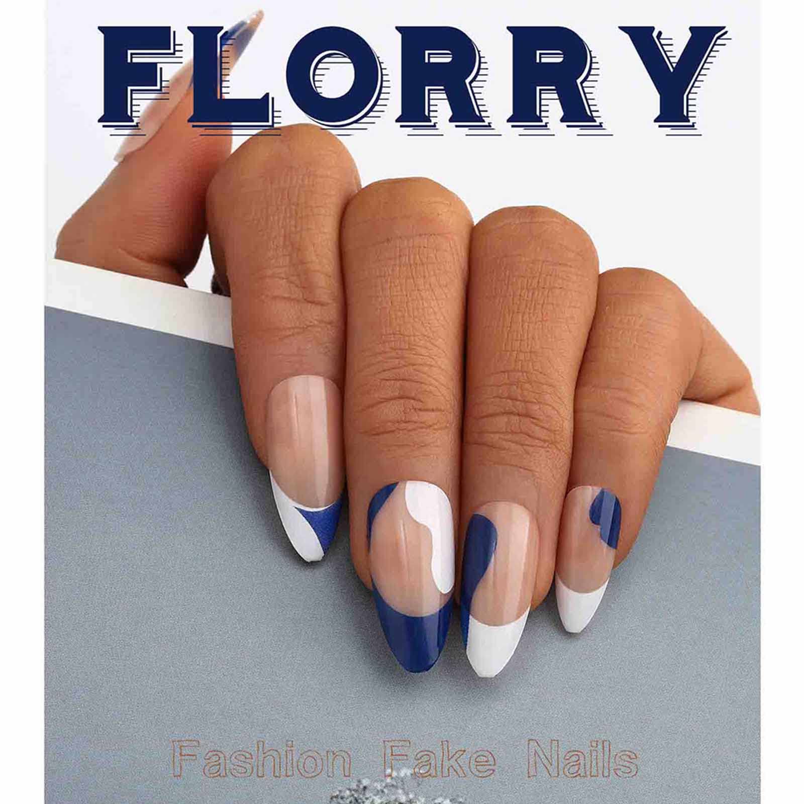 Florry Press on Nails - 24PCS Short Fake Almond French Tips Acrylic Nails, Glossy Full Cover Artificial Nails for Women and Girls | Perfect for Parties, Weddings, Daily Wear & Special Occasions