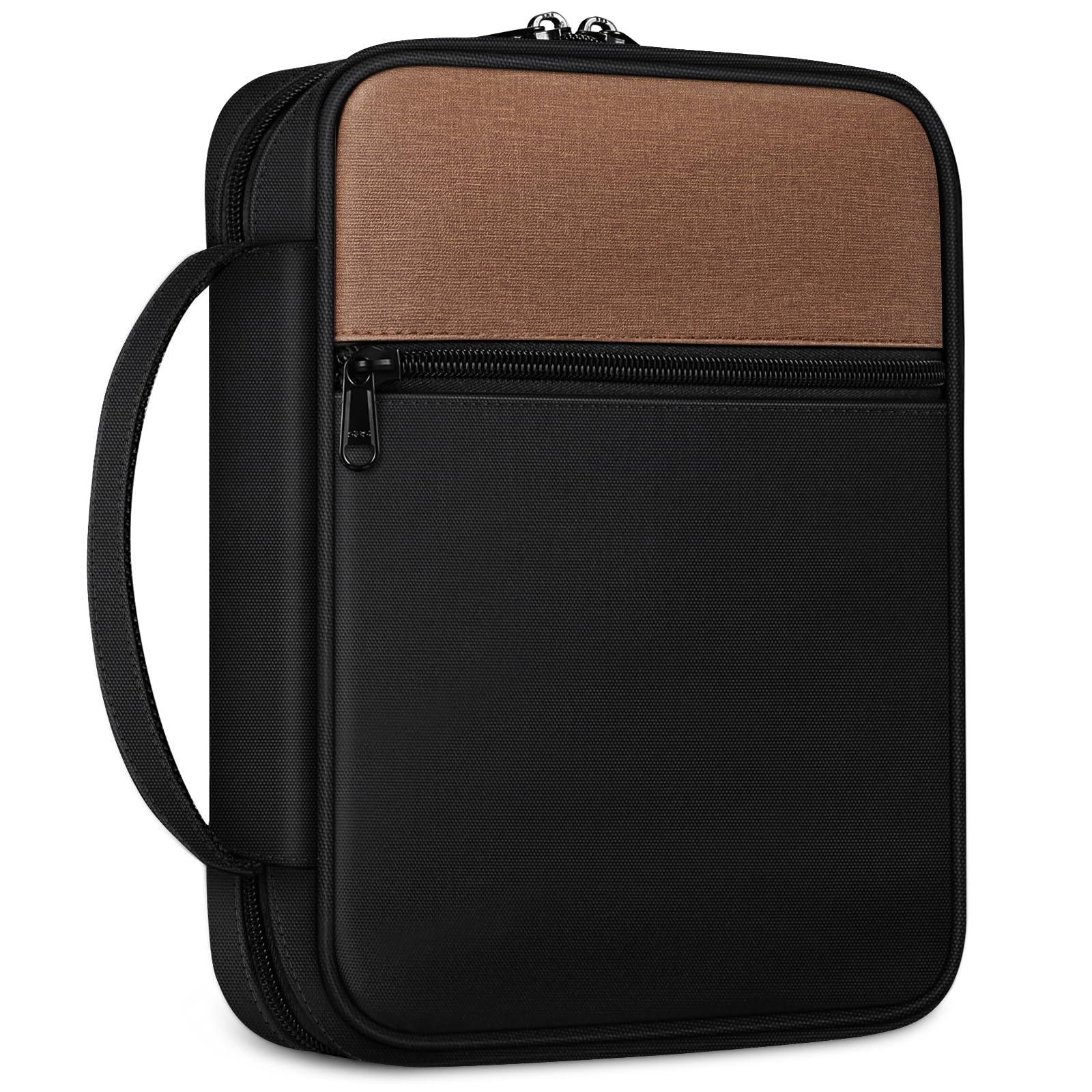 FINPAC Bible Cover with Handle & Zippered Pocket - Durable Protective Book Case for Church, Travel & Daily Use - Perfect Gift for Women, Men & Mothers (Black & Brown)