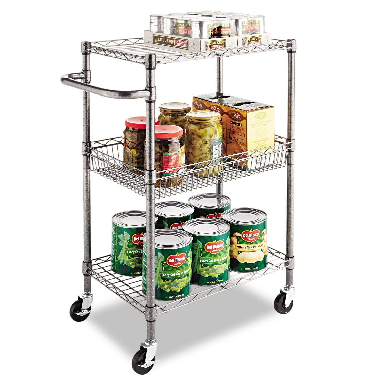 Alera® 3-Tier Heavy Duty Wire Utility Cart with Storage Basket - 500 lb Capacity Metal Rolling Cart, 28