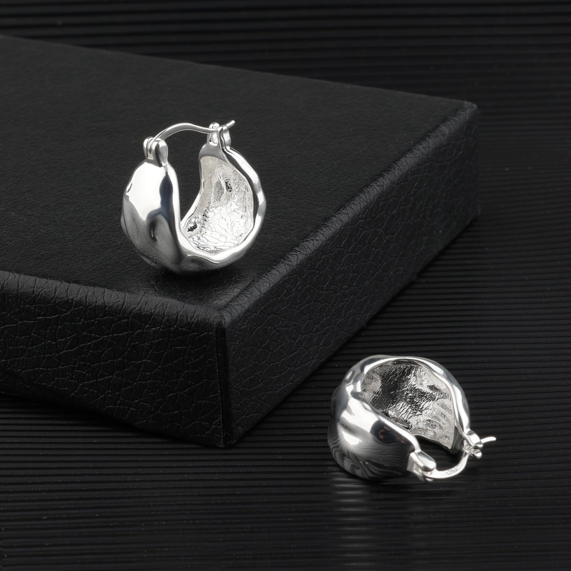 925 Sterling Silver Hammered Chunky Hoop Earrings for Women | Hypoallergenic Thick Hoop Earrings | Wide Hoop Earrings for Everyday Wear & Special Occasions
