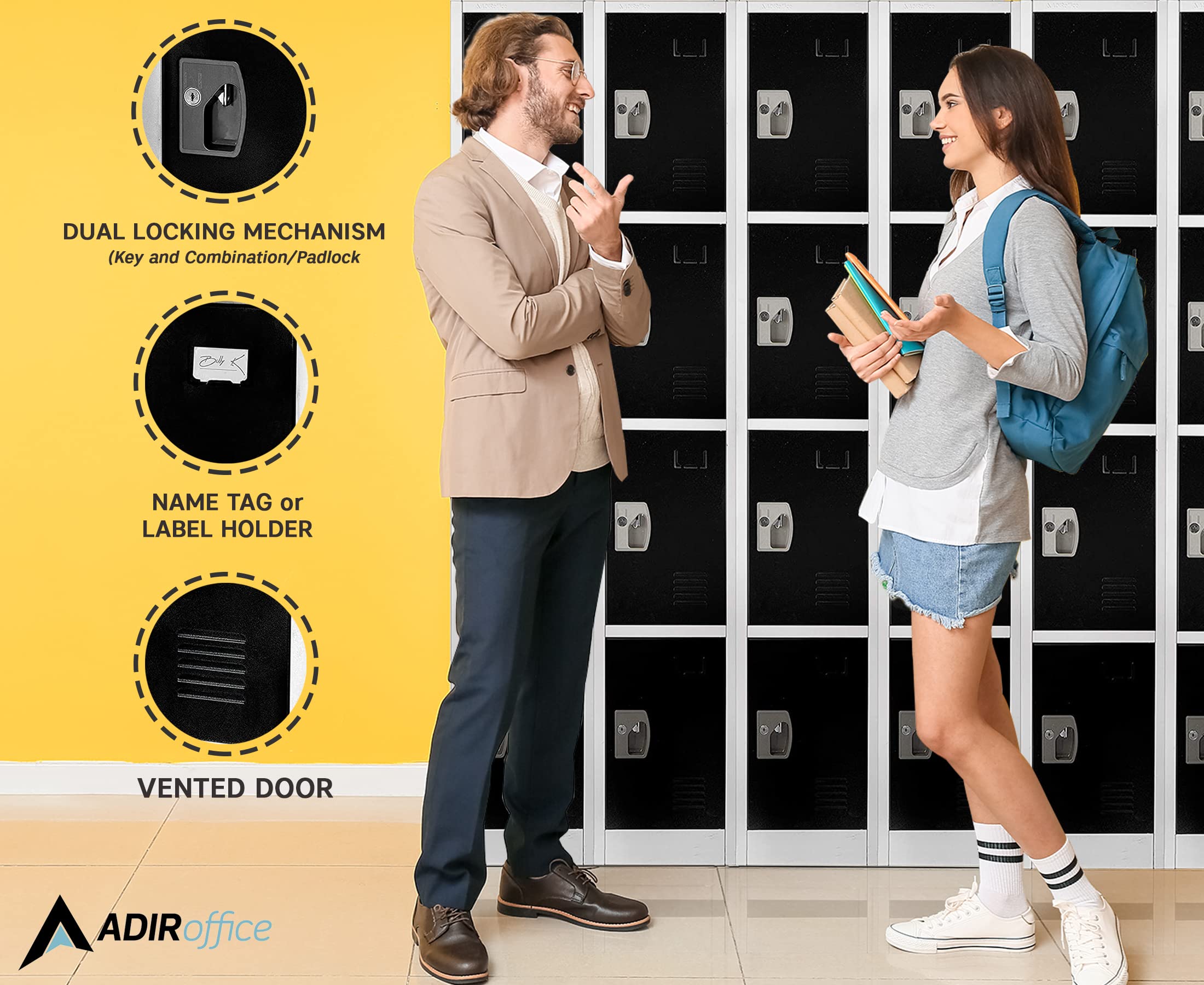 AdirOffice 4-Door Large School Locker with Hooks - Heavy Duty Garage & Office Storage Cabinet for Sports Equipment, Backpacks & Supplies (Black, 4-Door) - Perfect for Schools, Gyms & Home Organization