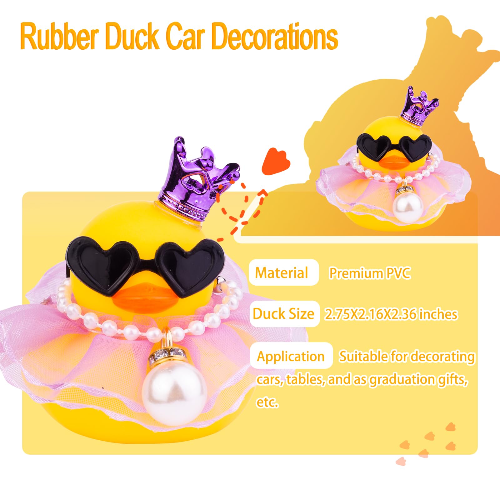 Rubber Duck Car Dashboard Decoration with Mini Crown, Skirt, Necklace & Glasses - Cute Car Accessories for Dashboard, Office Desk, and Party Decor - CF038A