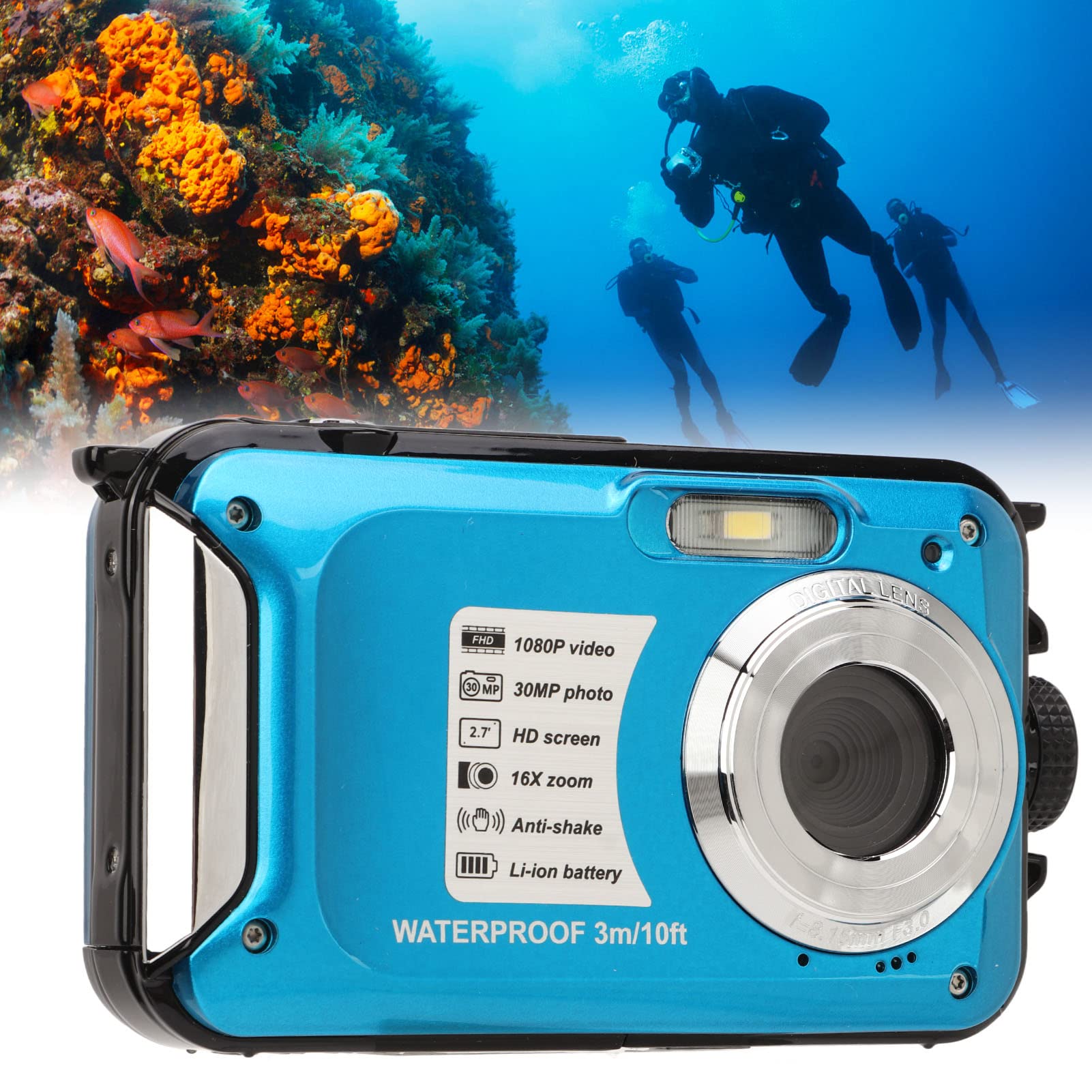 Waterproof Digital Camera 30MP 1080P HD Underwater Camera with 16X Zoom & 10FT Depth for Snorkeling, Diving, Swimming - Perfect for Outdoor Adventures, Beach Vacations and Underwater Photography