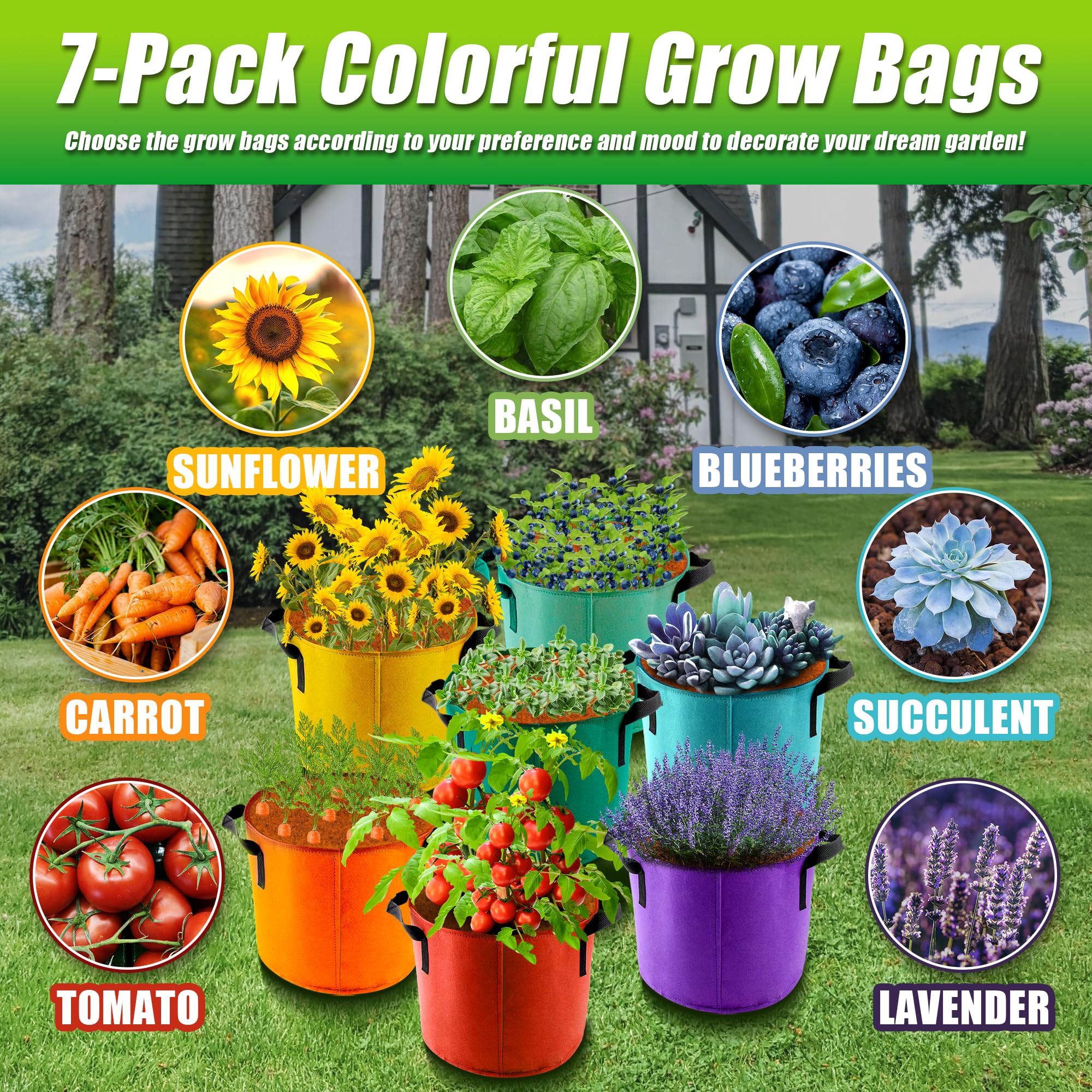 5 Gallon Grow Bags - 7 Pack Colorful Fabric Plant Pots with Handles for Gardening, Vegetables, Flowers & Outdoor Planting - Perfect for Raised Beds, Container Gardening & Balcony Plants