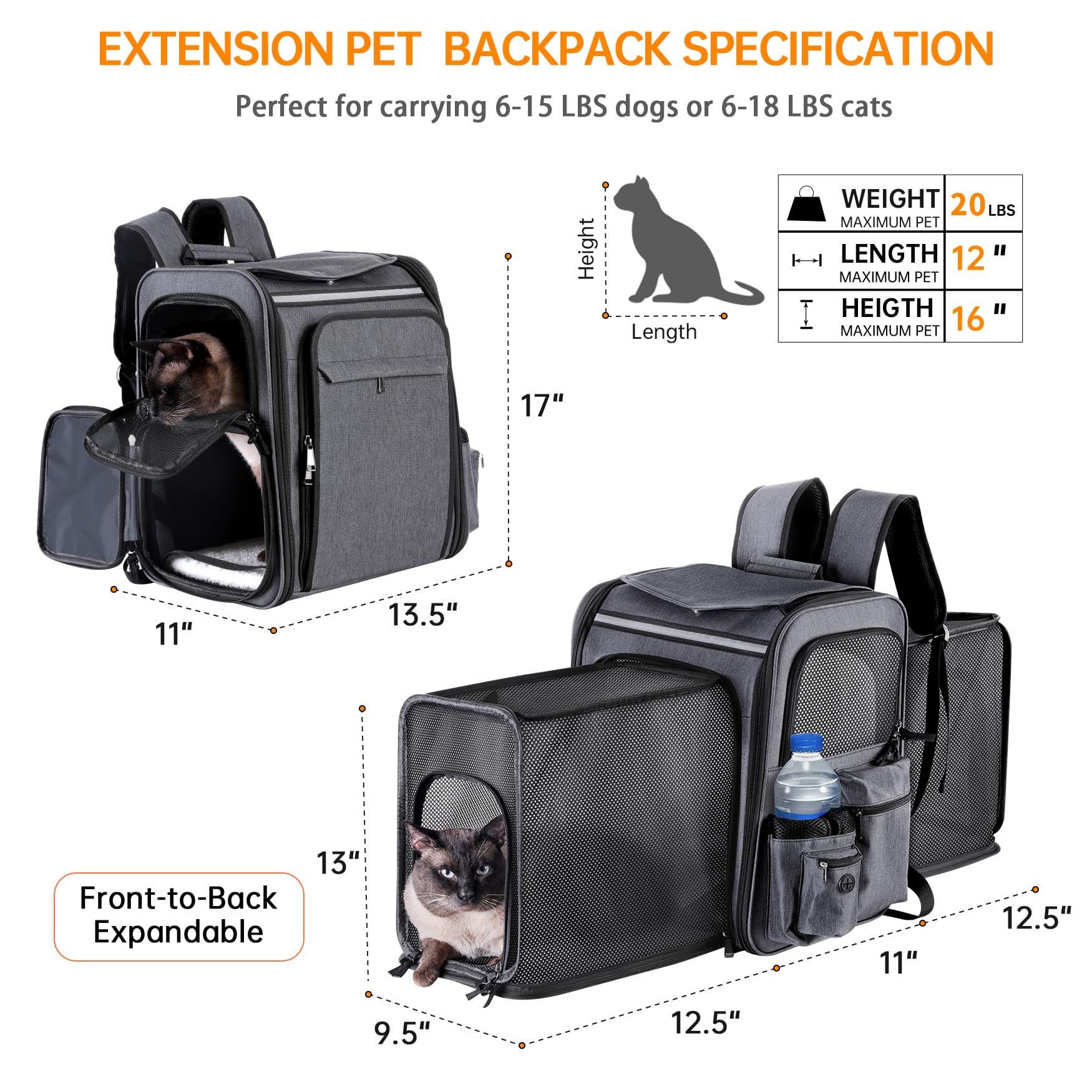 **Expandable Cat & Dog Carrier Backpack - Double Side Design for Medium Cats & Small Dogs Up to 20 Lbs, Breathable Mesh Pet Travel Backpack (Grey) - Perfect for Hiking, Air Travel & Vet Visits**