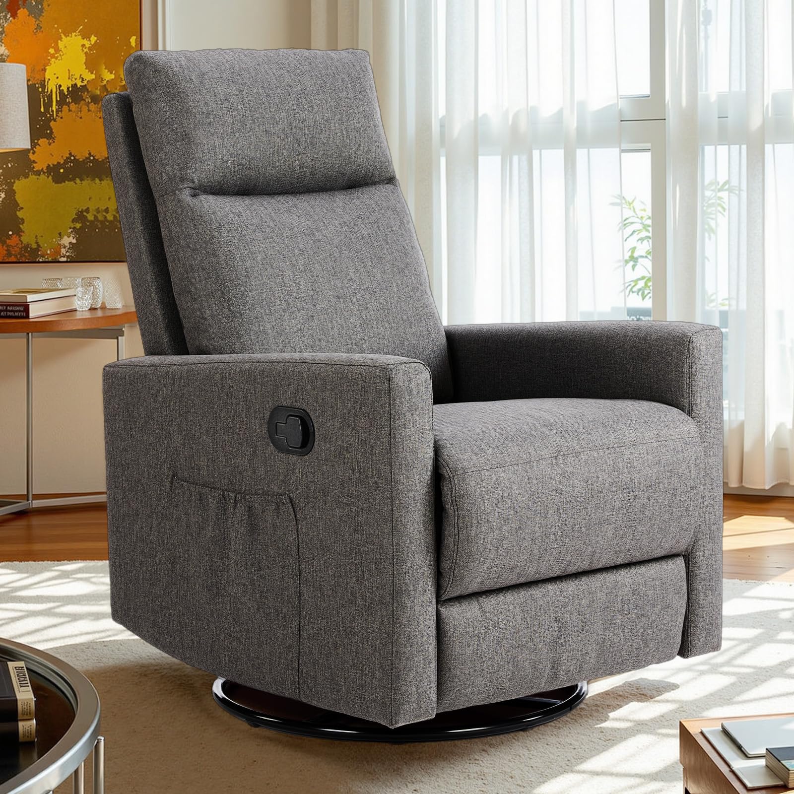 Sweetcrispy 360 Swivel Recliner Chair for Adults - High Back Upholstered Rocking Glider with Deep Seat - Grey Living Room Recliner & Nursery Chair for Relaxing, Nursing & Reading