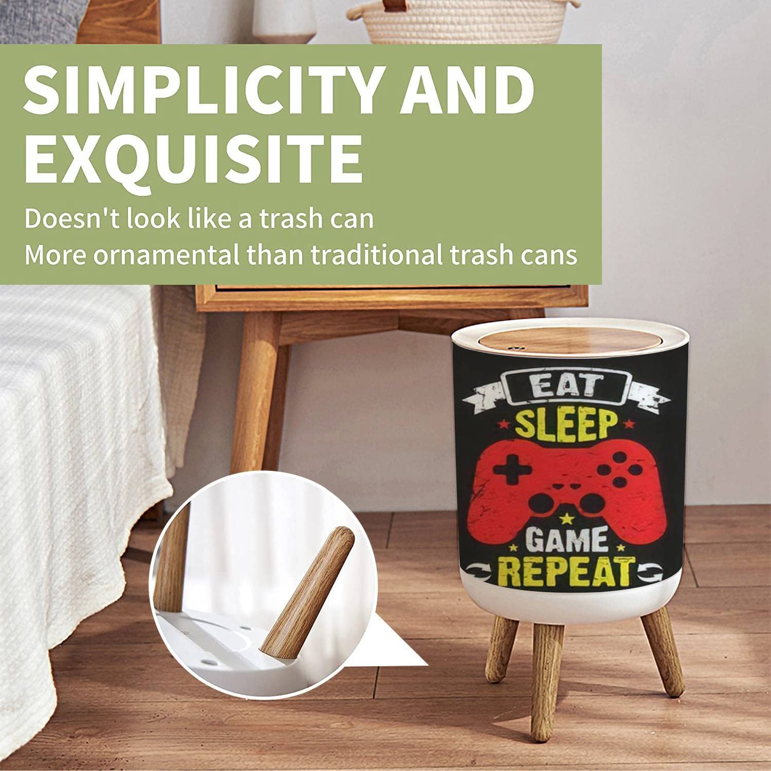 Small Trash Can with Lid - 1.8 Gallon Round Waste Bin with Press Cover & Gaming Typographic Quotes Design | Dog Proof Garbage Bin for Kitchen, Bathroom, Living Room | Perfect for Gaming Rooms, Home Offices & Dorm Rooms