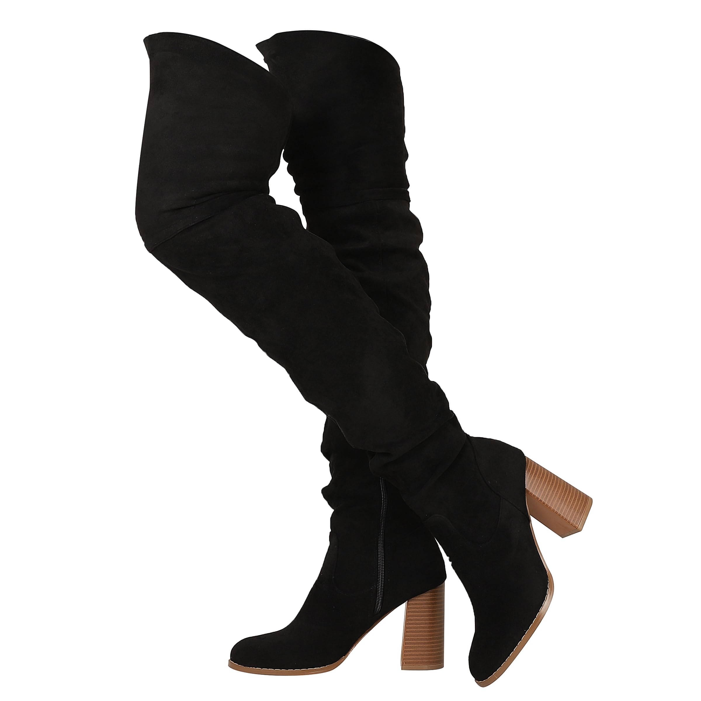 Mattiventon Women's Over The Knee Boots - Stretch Suede Thigh High Boots with Block Heels & Side Zipper | Fashionable Chunky Heel Boots for Party, Date Night & Winter Outfits
