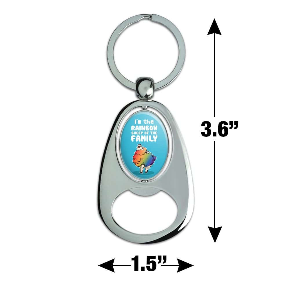 Rainbow Sheep Family Gay Pride Keychain - Chrome Metal Spinning Oval Bottle Opener for LGBTQ+ Events, Parties & Gifts