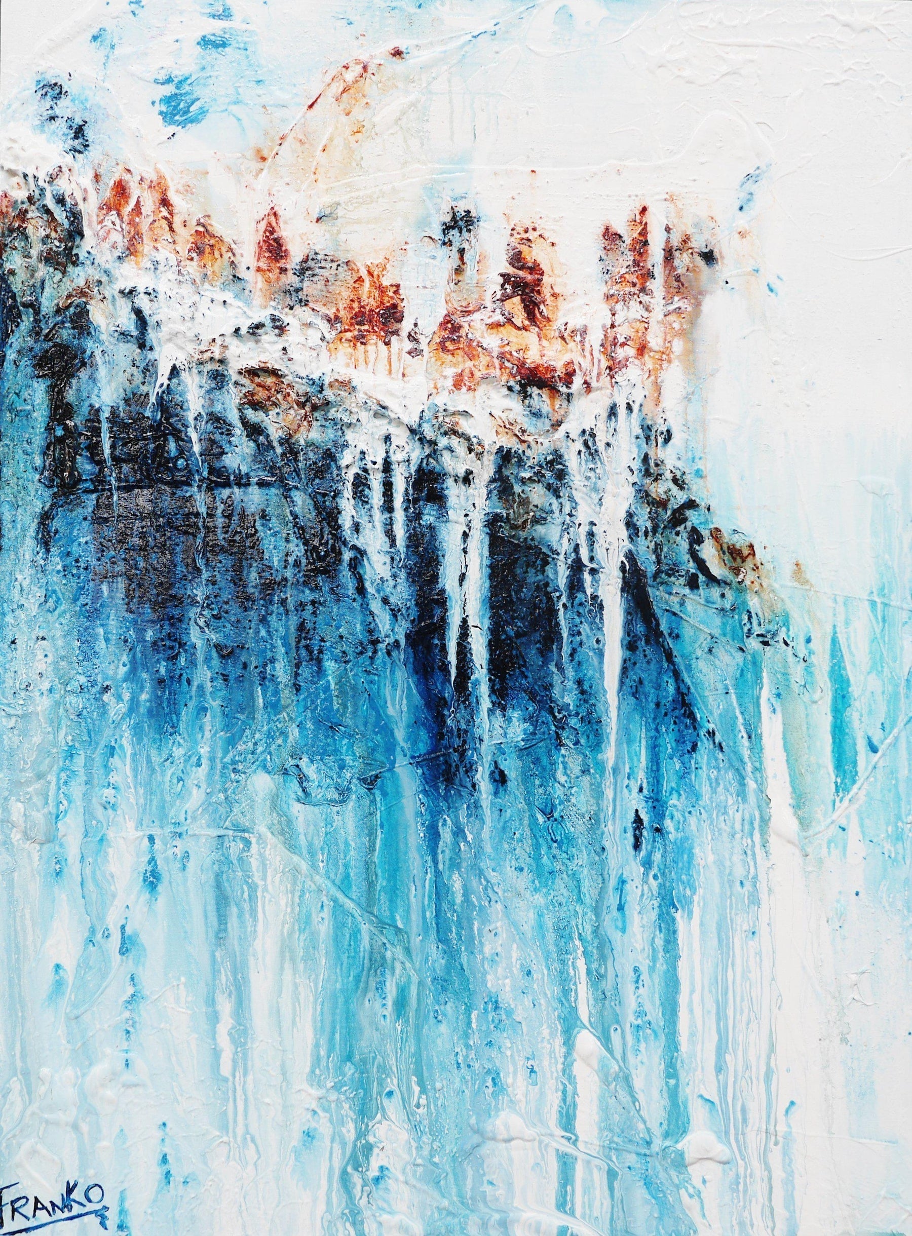 Navy & Jade 75cm x 100cm Abstract Canvas Painting - Blue White Brown Modern Artwork for Living Room, Bedroom & Office Decor