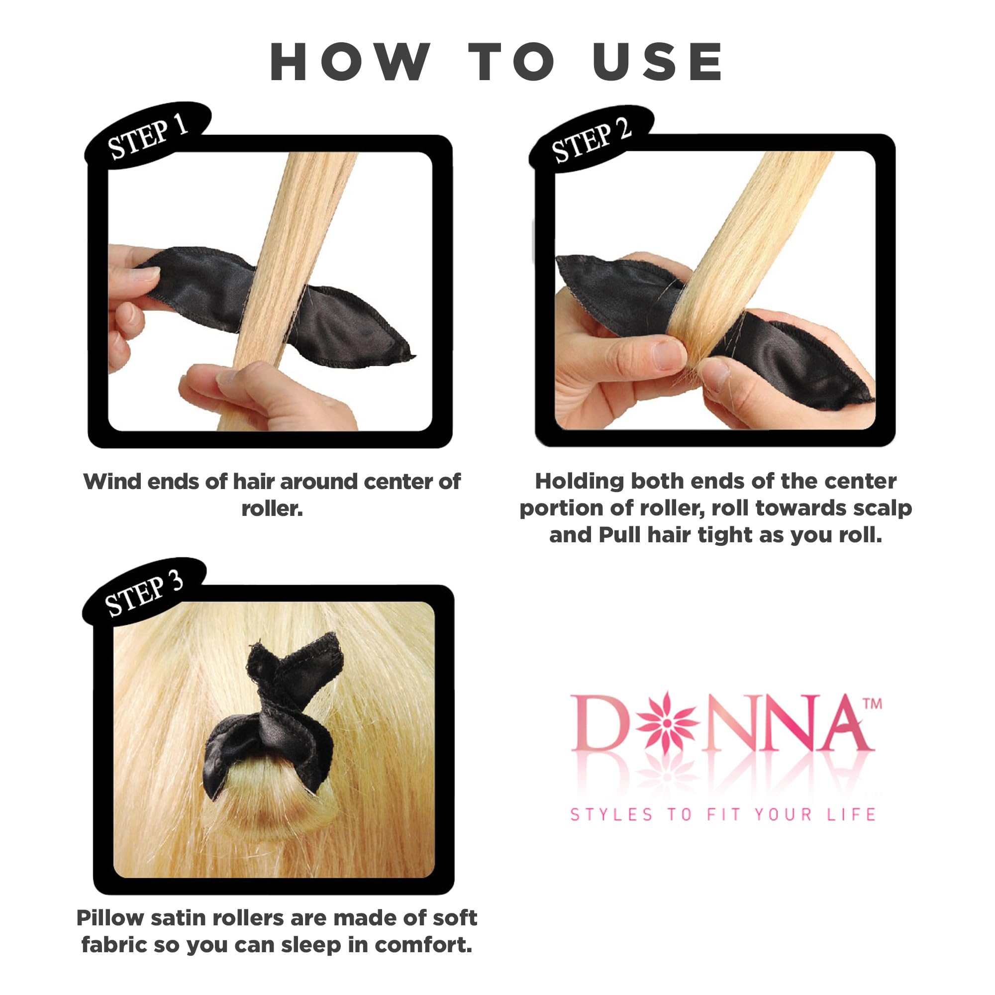 Satin Hair Rollers for Curls - Black | Soft & Comfortable Pillow Rollers for Salon-Quality Styling at Home | Perfect for Overnight Curls, Updos & Volume