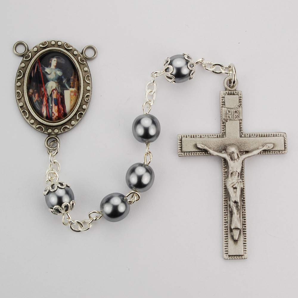 Bonyak Jewelry Gray Glass St Joan of Arc Rosary Necklace with Gift Box - Religious Catholic Jewelry for Women, Prayer Beads for Devotion & Protection