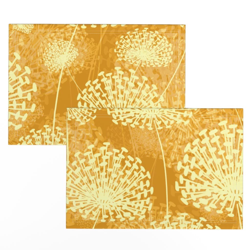 Linen Cotton Canvas Placemats Set of 2 - Vintage Floral Print with Marigold Yellow & Orange Dandelion Design for Dining Table Decor | Perfect for Summer Parties, Picnics & Home Decor
