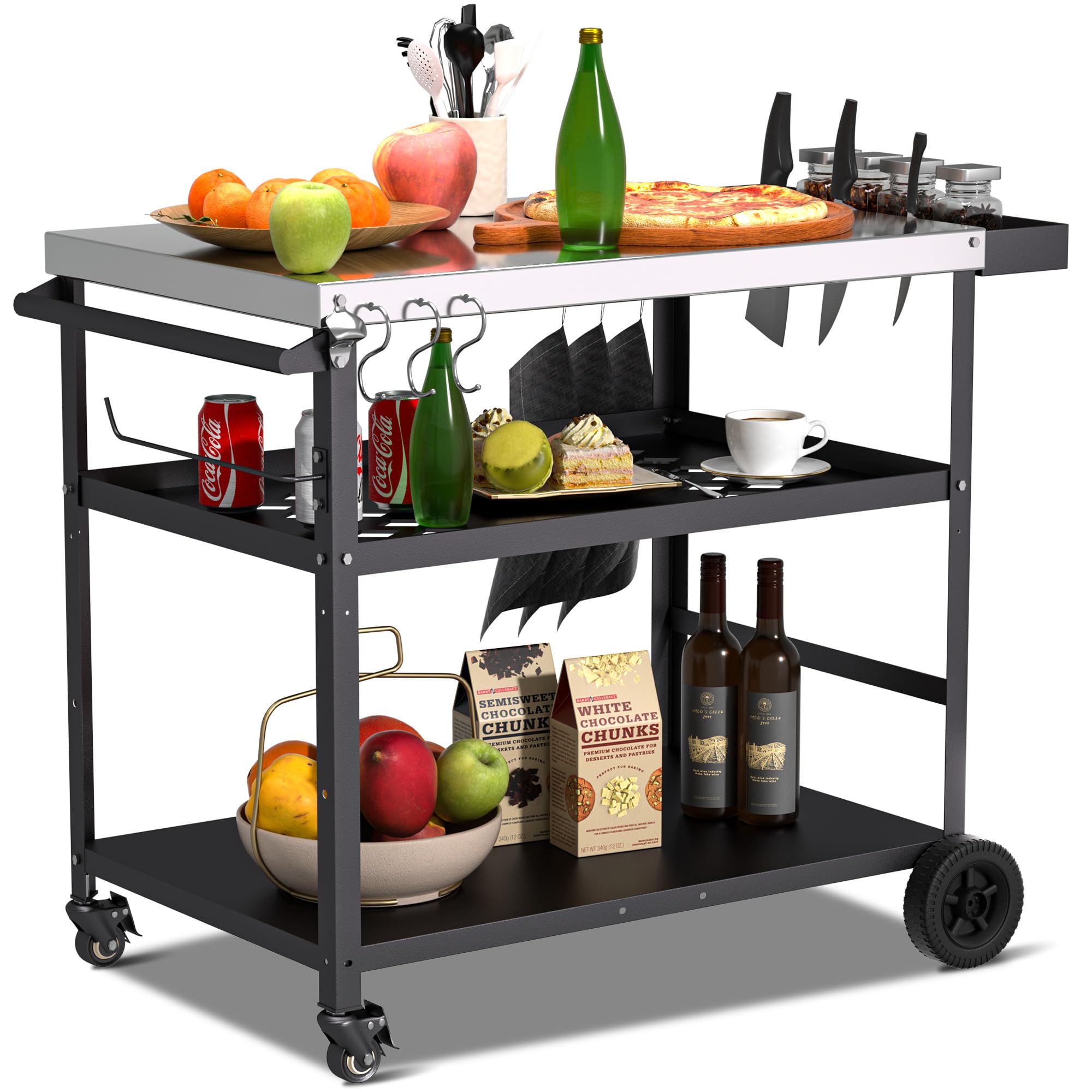 Spurgehom Outdoor Grill Cart with Wheels - Portable BBQ Cooking Prep Table with Pizza Oven Stand & Mesh Racks - Perfect for Patio Dining, Home Parties, Camping & Backyard Gatherings