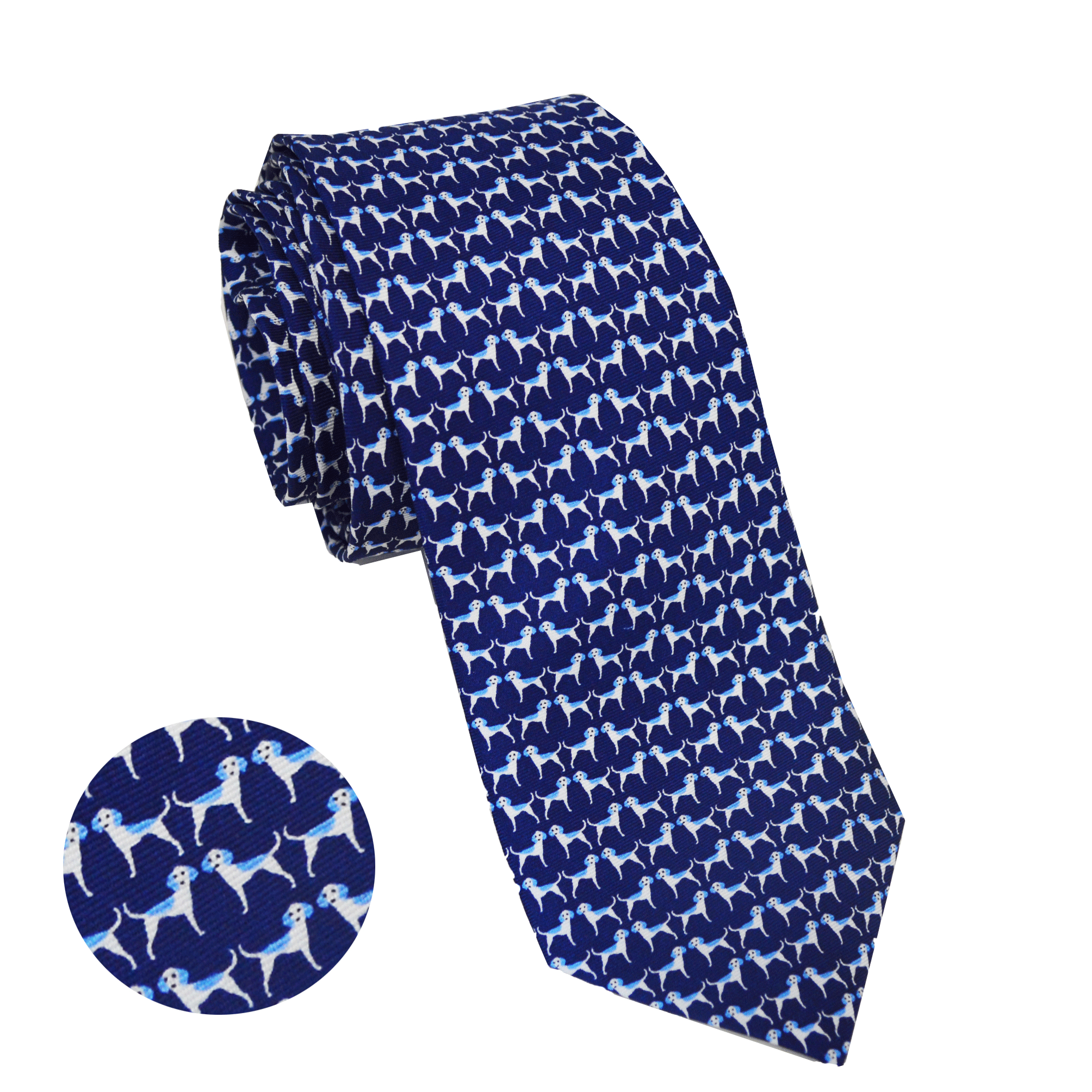 Premium 100% Silk Tie - Hounds, White & Blue on Navy - Elegant Necktie for Business, Weddings & Formal Events