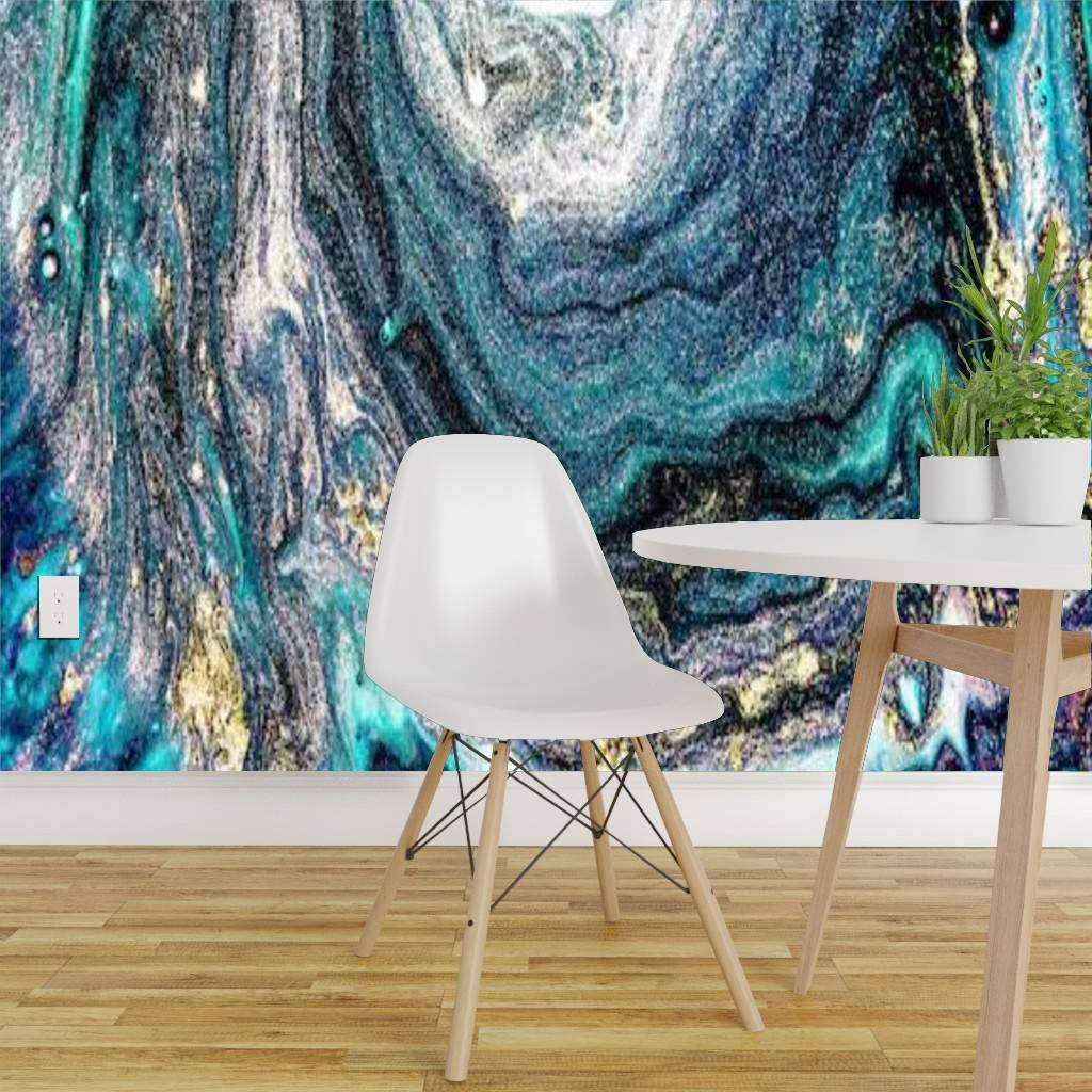 Luxury Gold Geode Art Peel and Stick Wallpaper - Self-Adhesive Vinyl Film Roll for Home Decor, Large Removable Wall Mural with Aquamarine Accents | Perfect for Living Room, Bedroom, or Office Wall Art