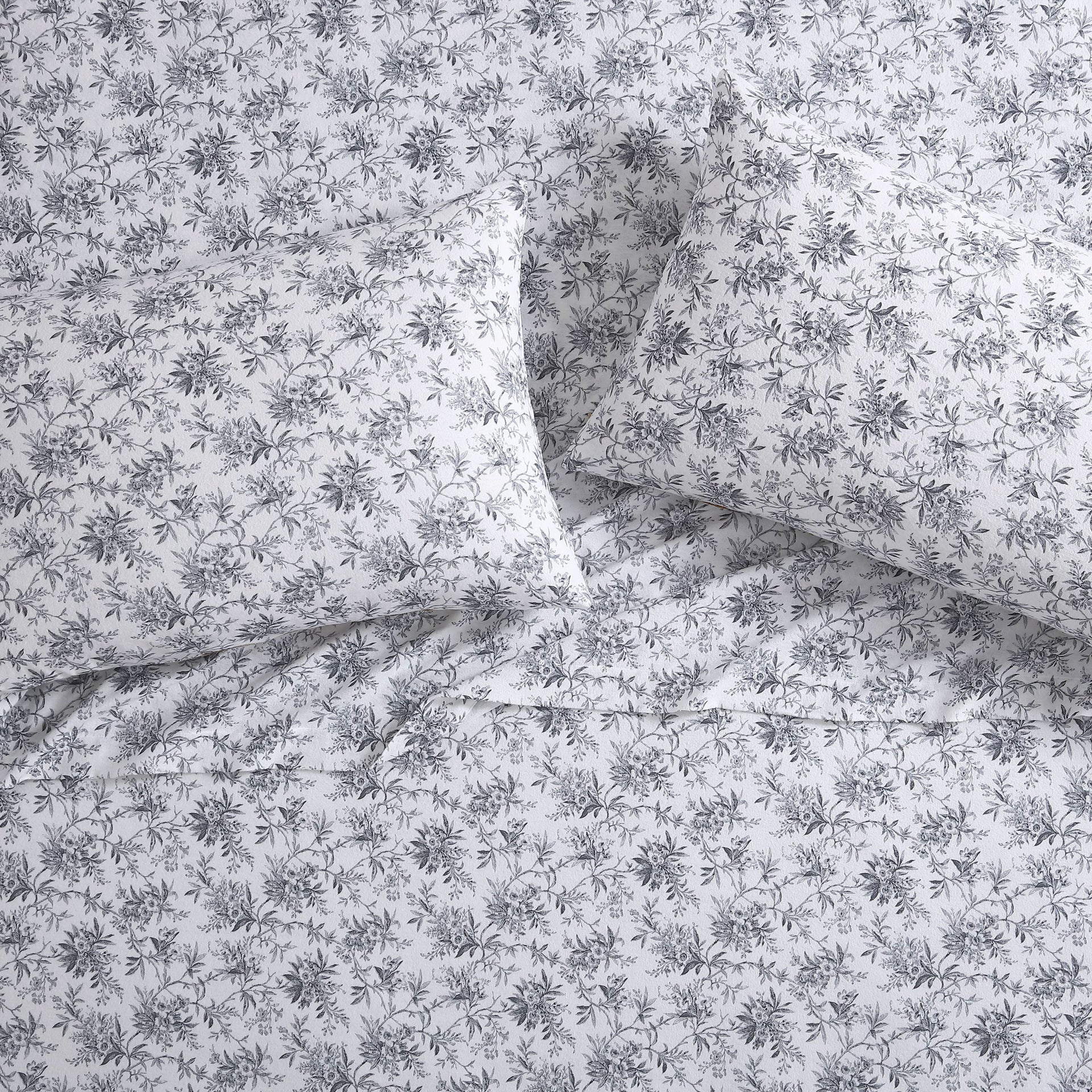 Laura Ashley Faye Toile Black Flannel Sheet Set - Queen Size, 4-Piece Luxury Bedding for Cozy Winter Nights & Elegant Bedroom Decor