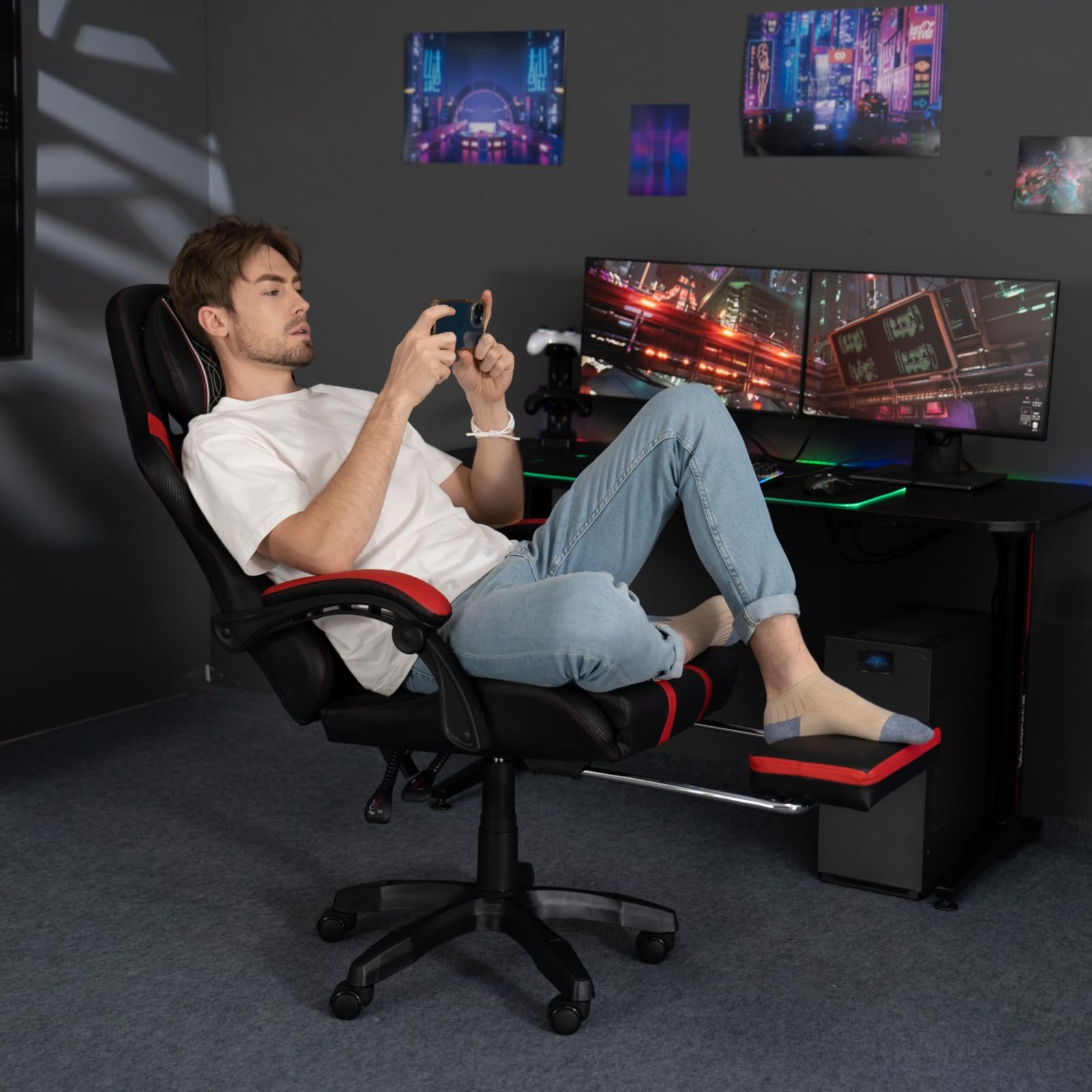HOFFREE Big and Tall Gaming Chair with Massage, Bluetooth Speakers & Footrest - Ergonomic Video Game Chair for Heavy People up to 400lbs - Red and Black Design - Perfect for PC Gaming, Streaming & Office Work