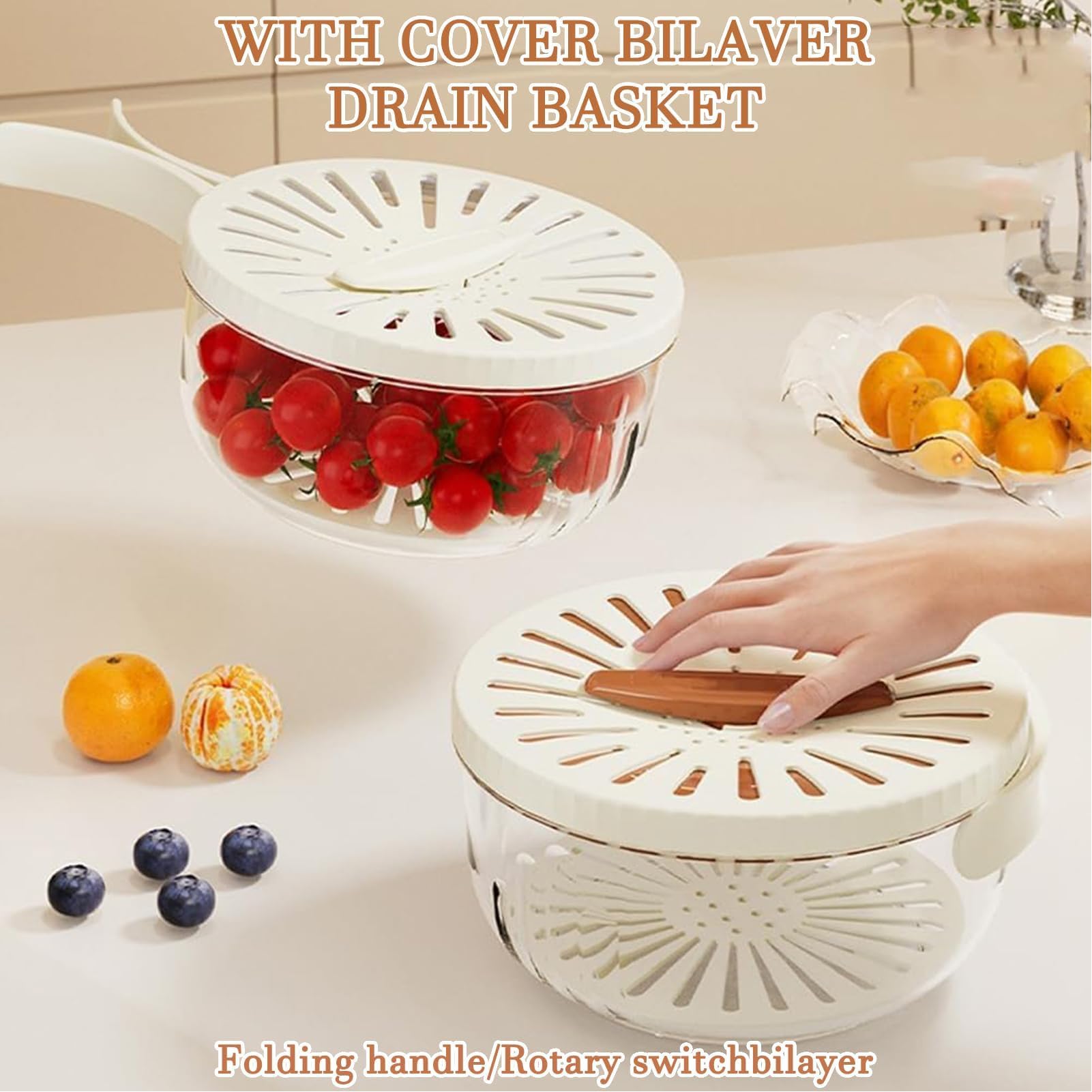 Organic Fruit and Vegetable Wash Bowl - Thickened Double Layer with Strainer & Lid - Foldable Handle Kitchen Colander for Draining, Washing, and Storing Fresh Produce - Perfect for Salads, Meal Prep & Healthy Eating
