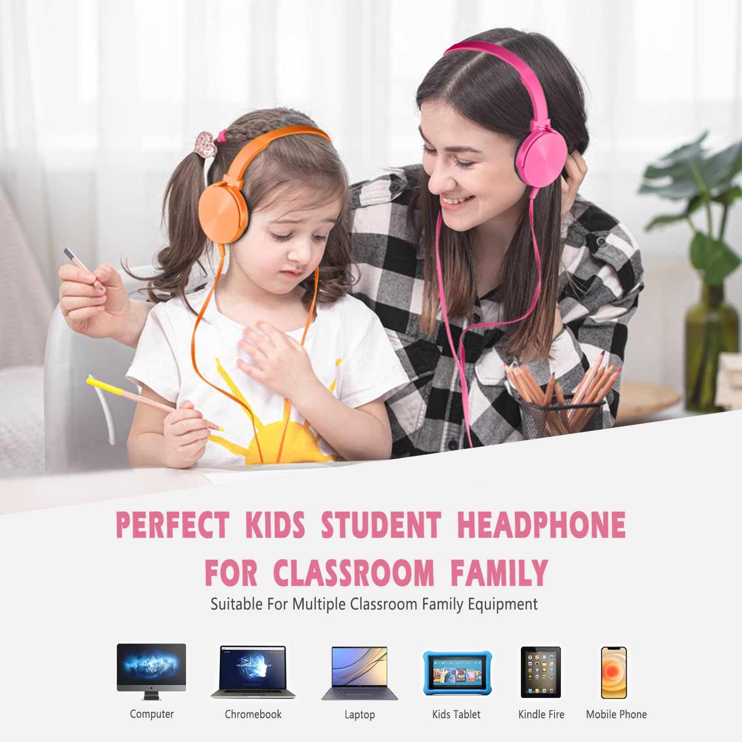 2 Pack Kids Headphones for School & Online Learning - Durable Wired Headset for Classroom K-12, Laptop, Computer, Library, Airplane Travel (Pink & Orange) - Perfect for Remote Learning & Travel Accessories