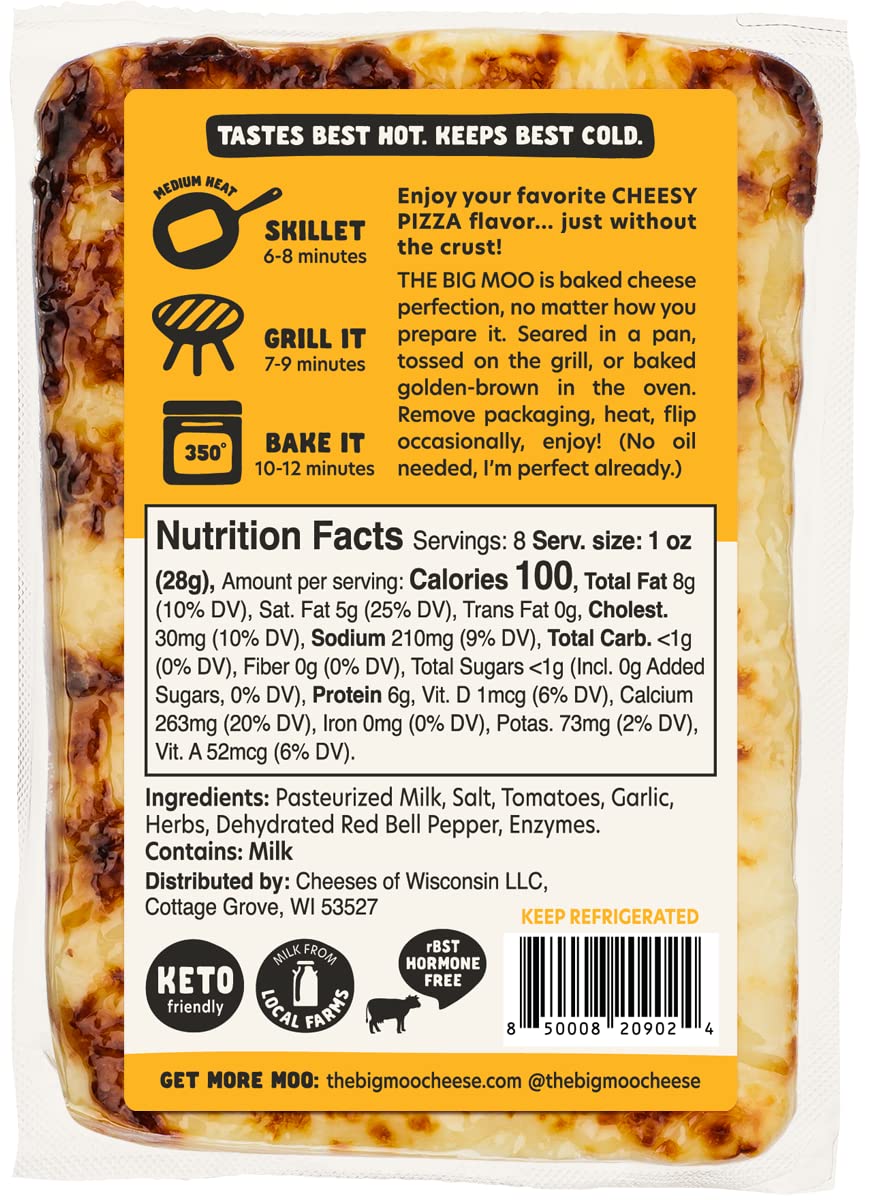 THE BIG MOO Baked Cheese Snacks - Cheesy Pizza Flavor | Bundle of 3 (8 oz Blocks) | Keto, Gluten-Free, Low Carb, Sugar-Free | High Protein Healthy Snacks for Weight Loss | Perfect for Atkins Diet, Carnivore Lifestyle & Diabetic-Friendly Meals | Gourmet Cheese Fat Bombs for On-the-Go, Office, Travel & Movie Night Snacking