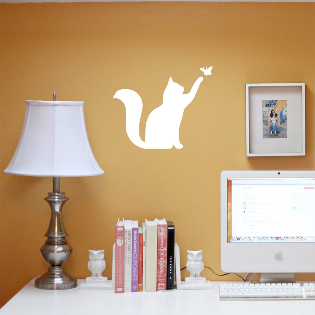 Premium Waterproof Vinyl Cat Butterfly Kitten Decal Stickers (White, Set of 2) - Laptop, Phone, Helmet, Car Window, Mug, Wall Decor | Cute Pet Accessories for Home & Office Decoration