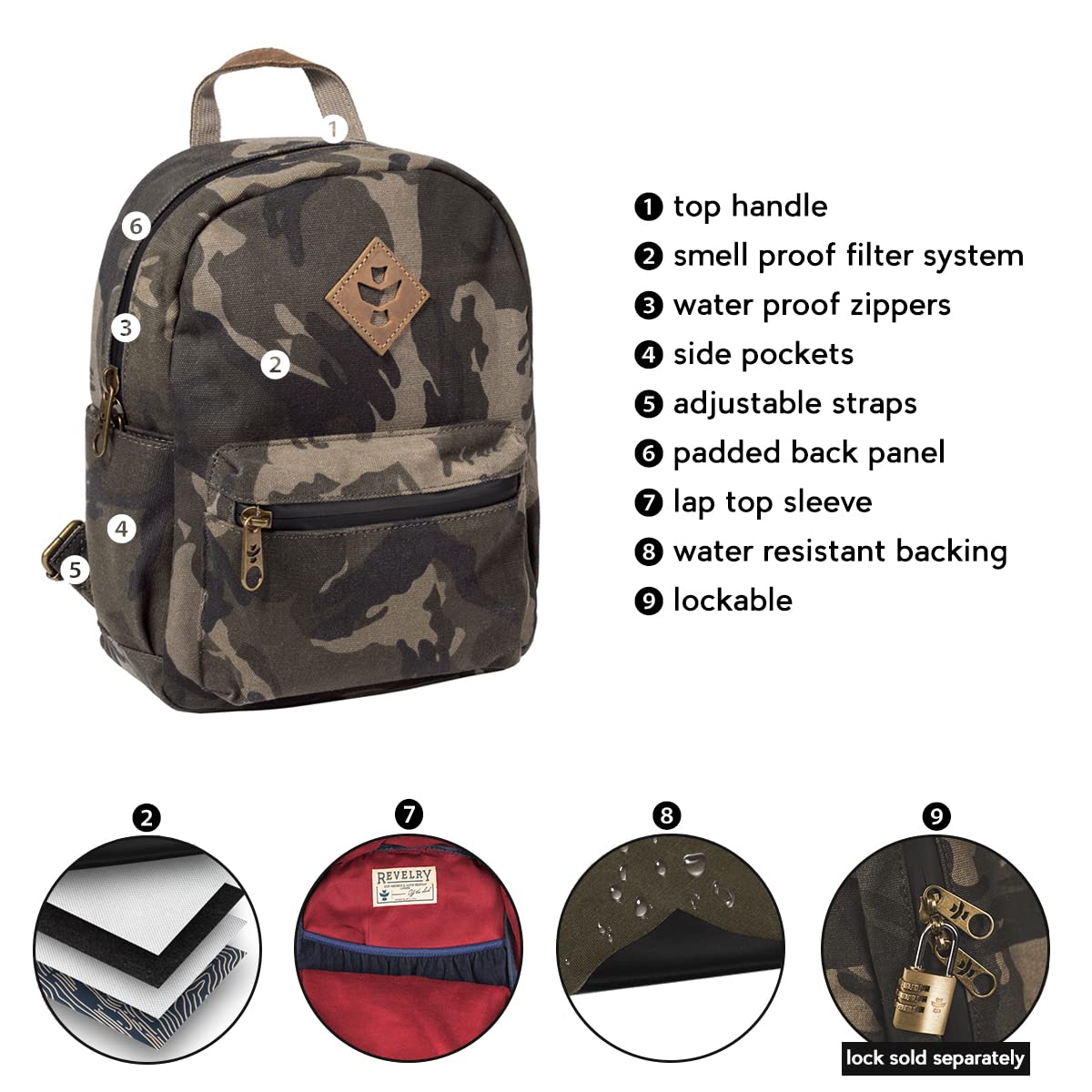 Revelry Smell Proof Lockable Water-Resistant Small Backpack with Carbon Filter System - 7.4L Capacity for Travel, Hiking & Outdoor Activities (Camo Brown)