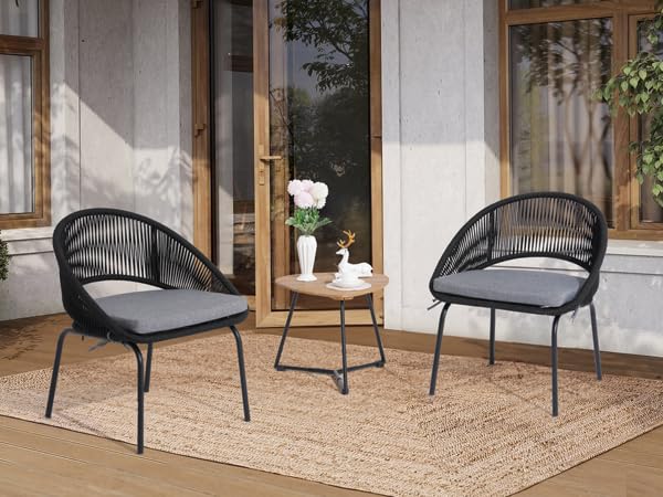 Yangming 3-Piece Outdoor Patio Furniture Set - Woven Rope Bistro Chairs with Wood Coffee Table for Garden, Backyard, Deck, Poolside & Balcony | Perfect for Relaxing, Entertaining & Outdoor Dining