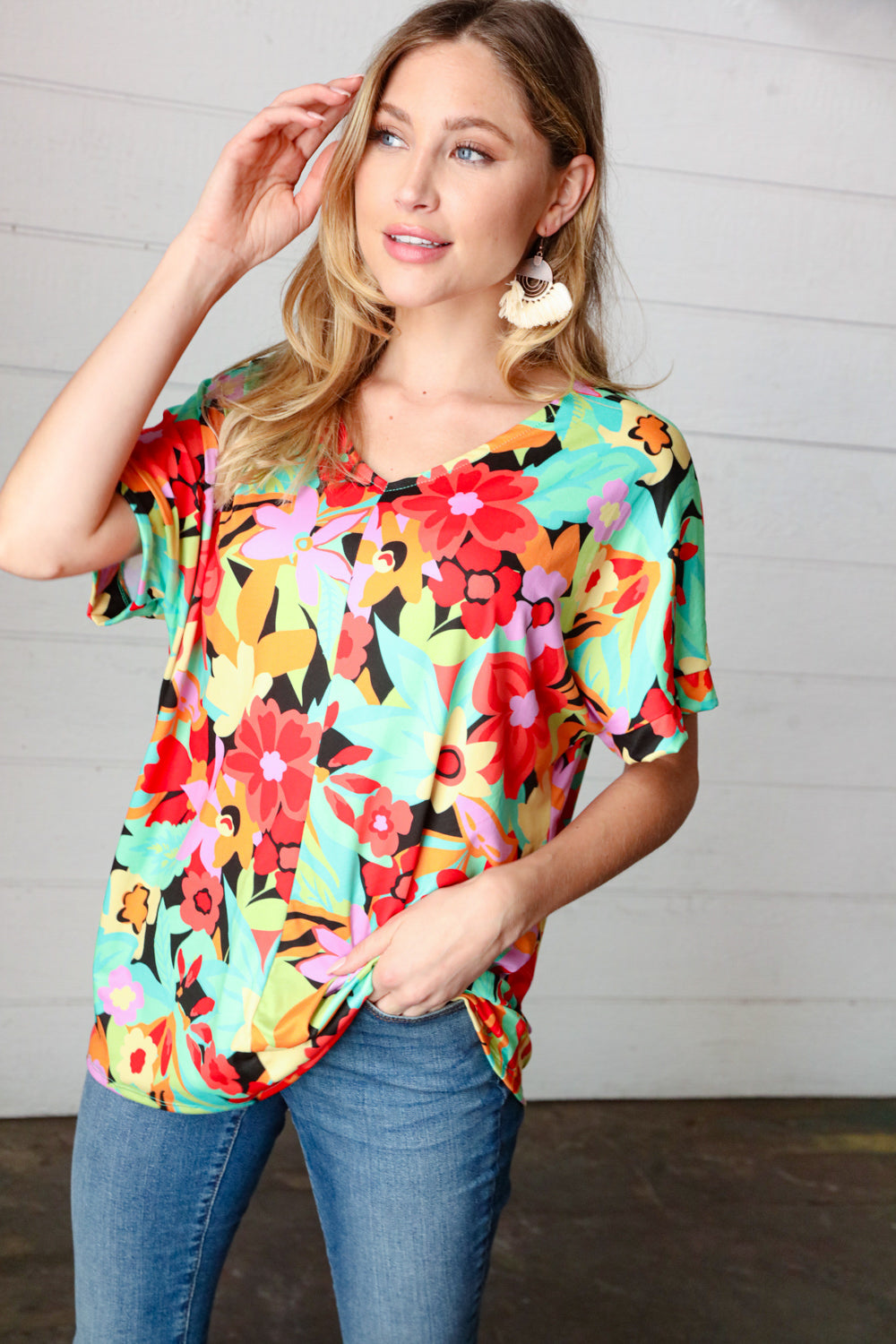 Stylish Multicolor Tropical Floral Print V-Neck Drop Shoulder Blouse for Women | Summer Beach Vacation & Boho Outfit Essential