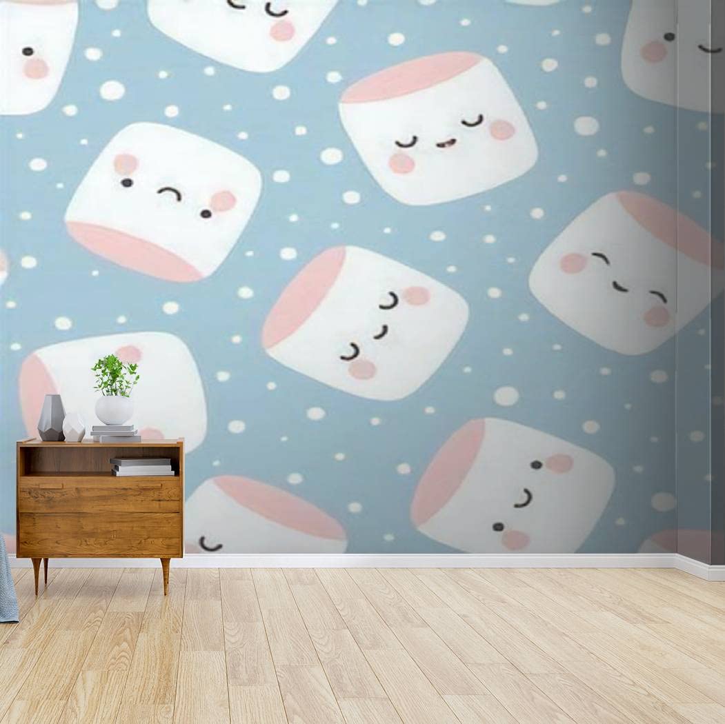 Cute Marshmallow Face Character Wallpaper Canvas Print - Self-Adhesive Peel & Stick Wall Mural Decal (100x144 inches, 254x365cm) for Living Room, Bedroom & Nursery Decor